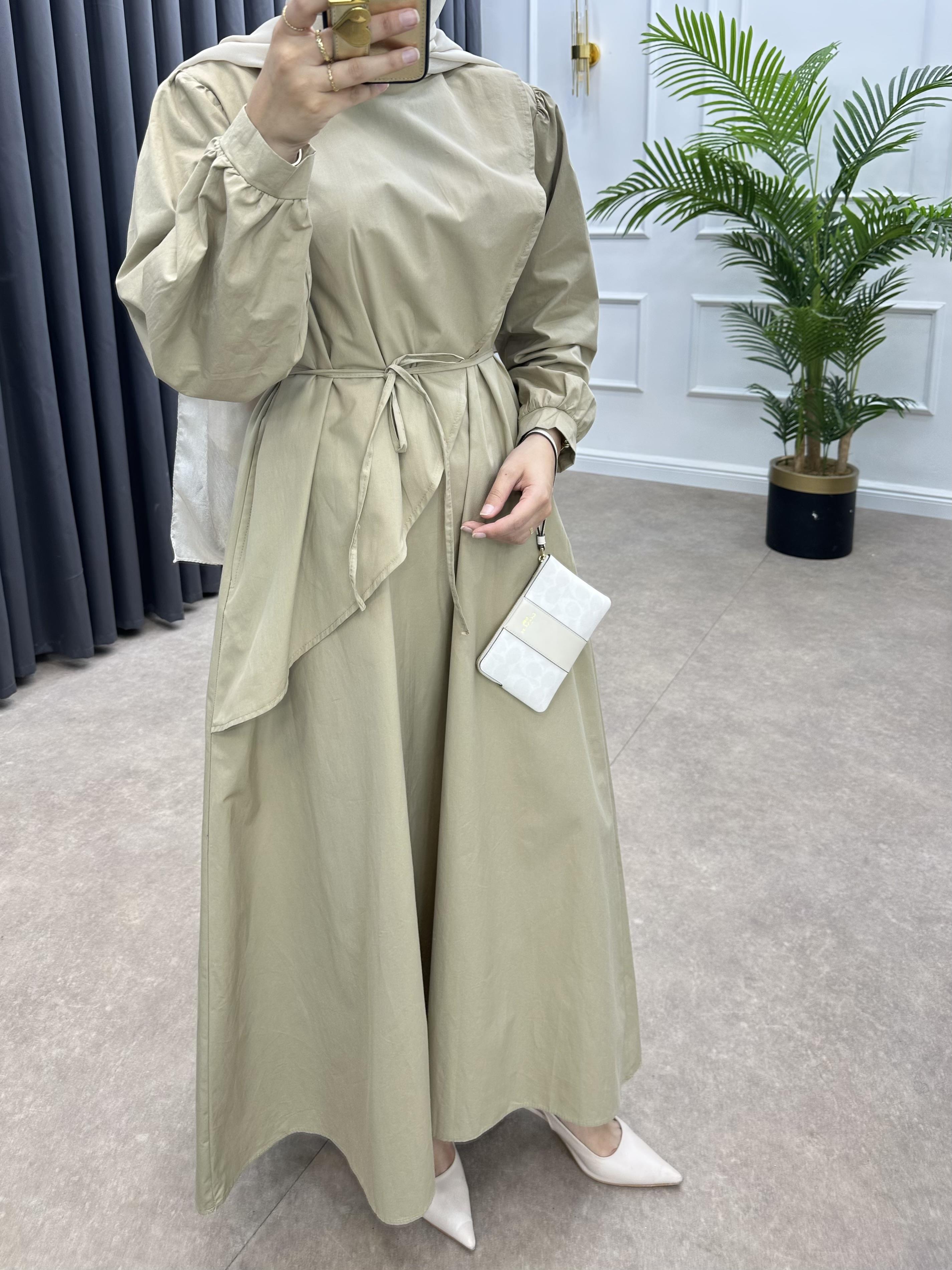 ŞAL DETAY POPLİN ELBİSE BEJ