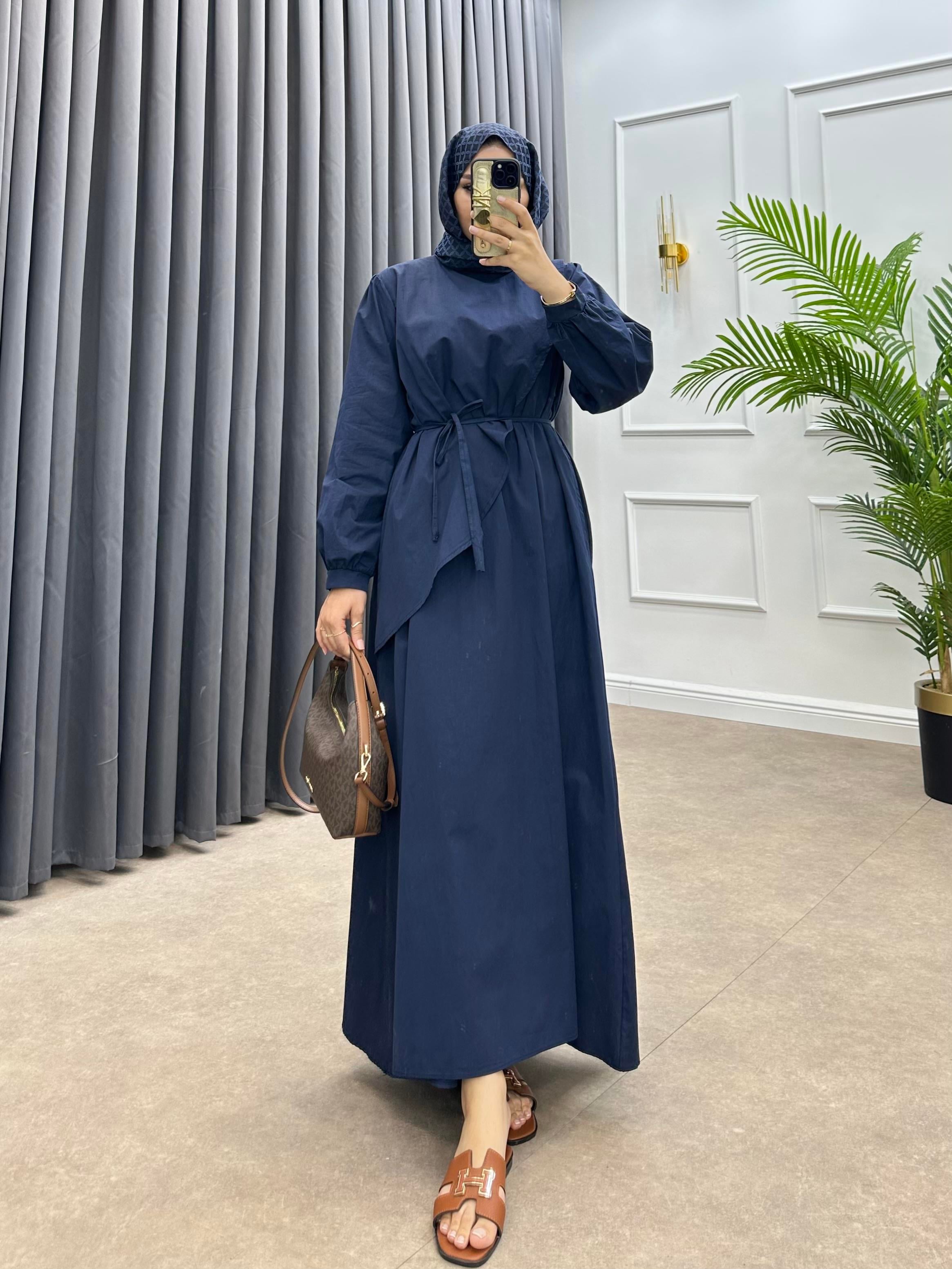 ŞAL DETAY POPLİN ELBİSE LACİVERT