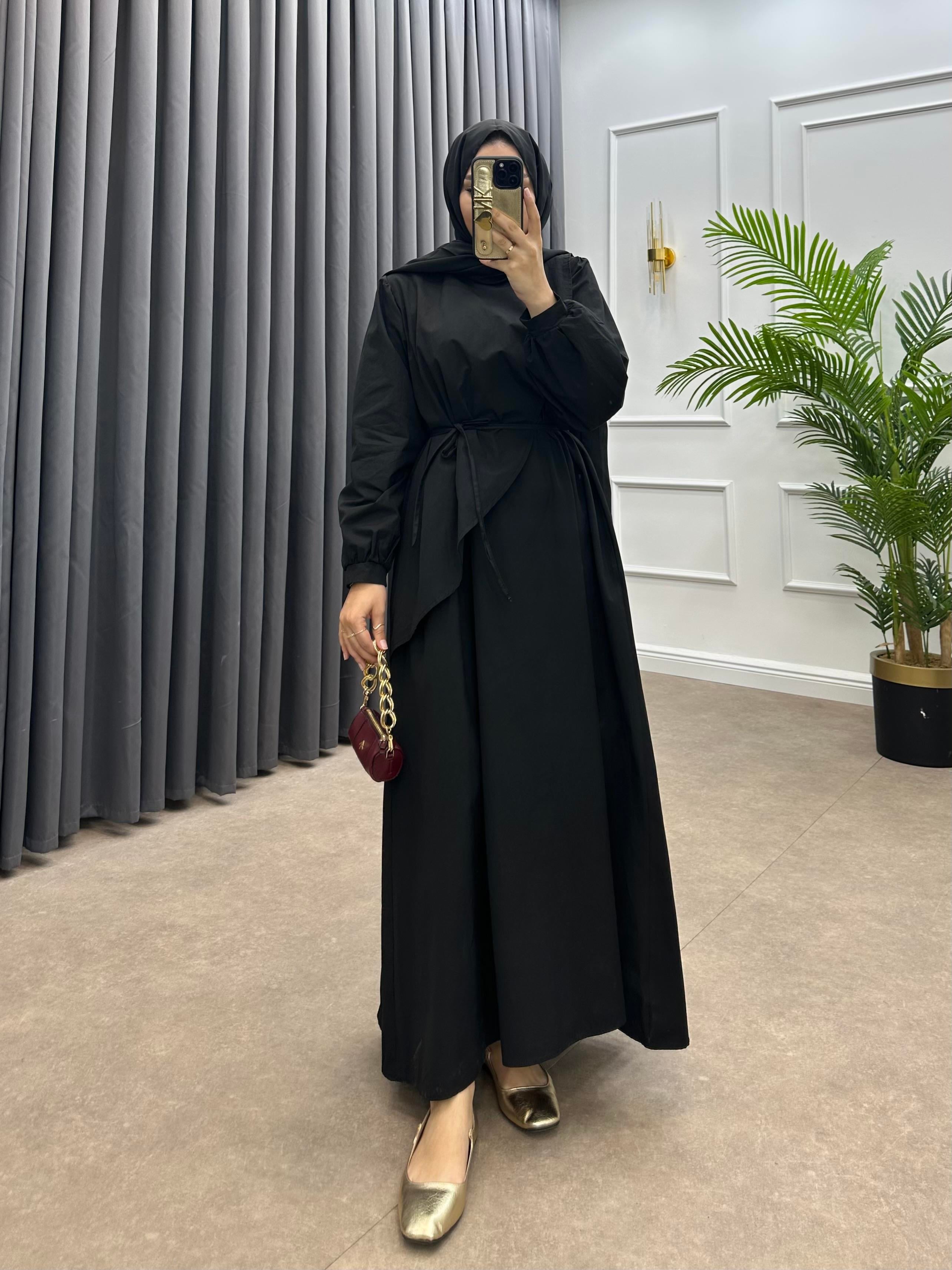 ŞAL DETAY POPLİN ELBİSE SİYAH