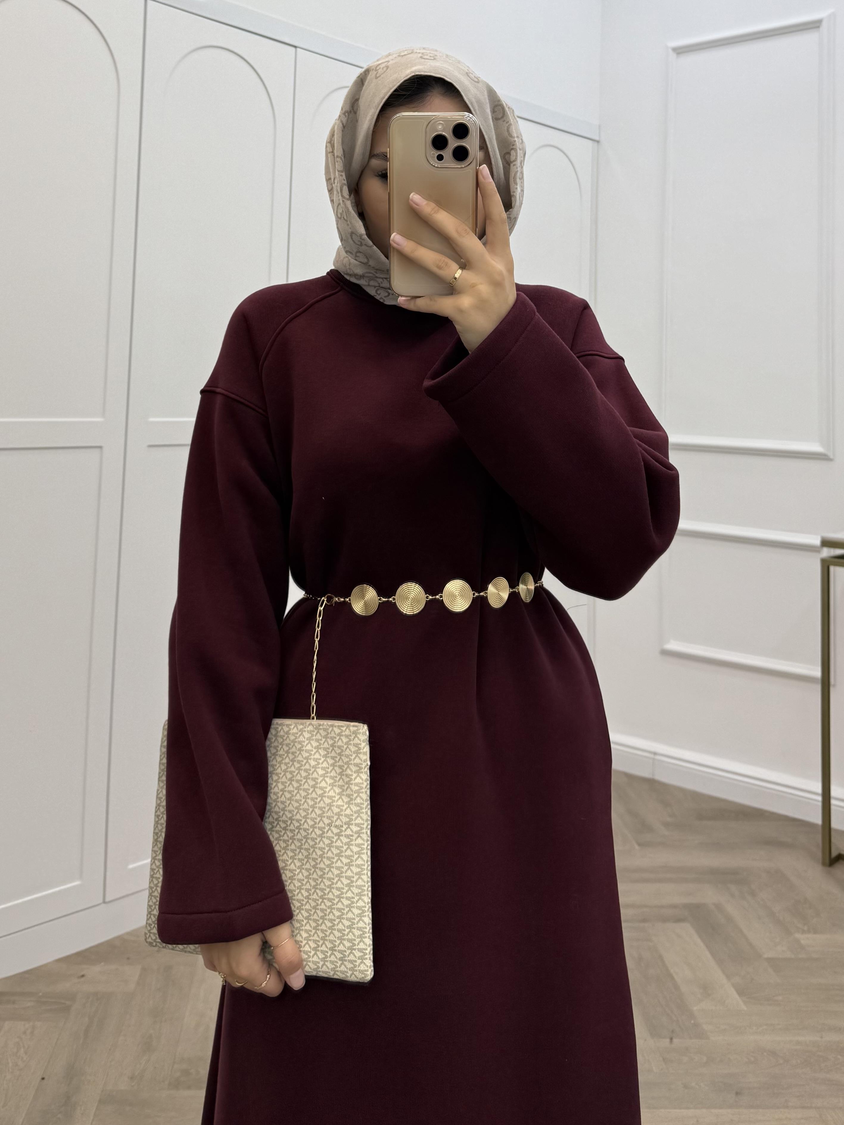 ŞARDONLU KEMERLİ ELBİSE BORDO