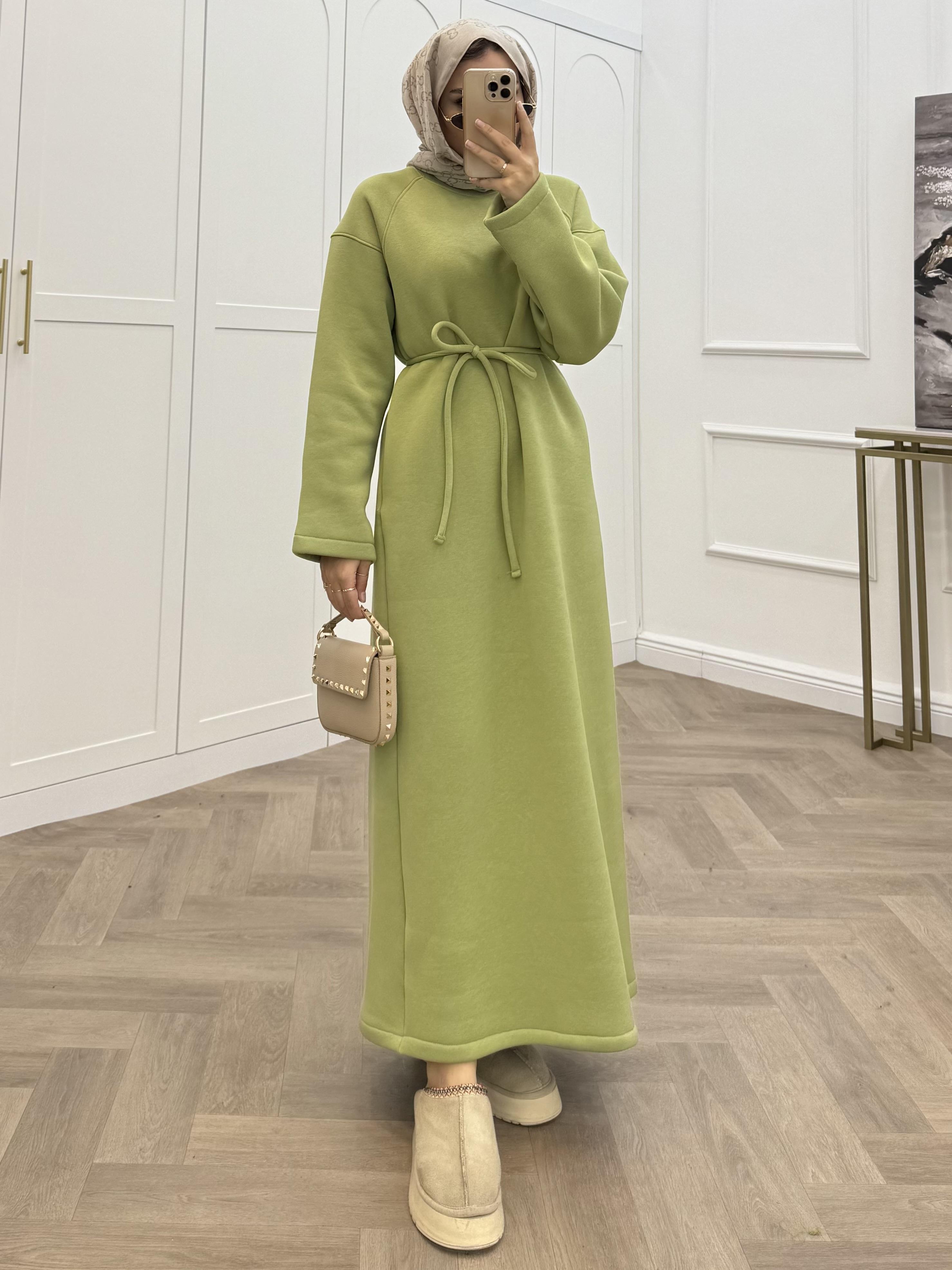 ŞARDONLU KEMERLİ ELBİSE MİNT