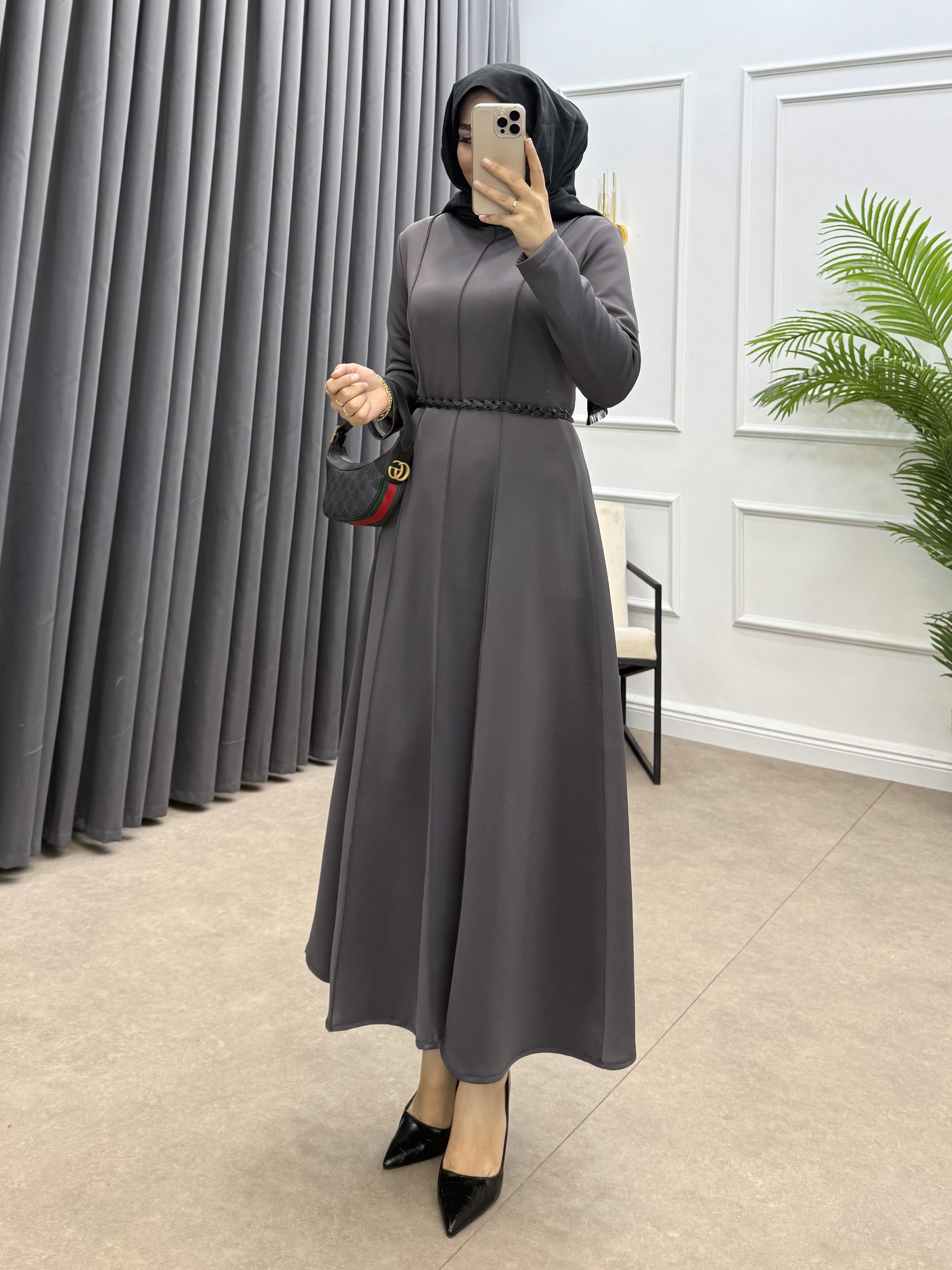 SCUBA ÖRGÜ KEMERLİ ELBİSE ANTRASİT