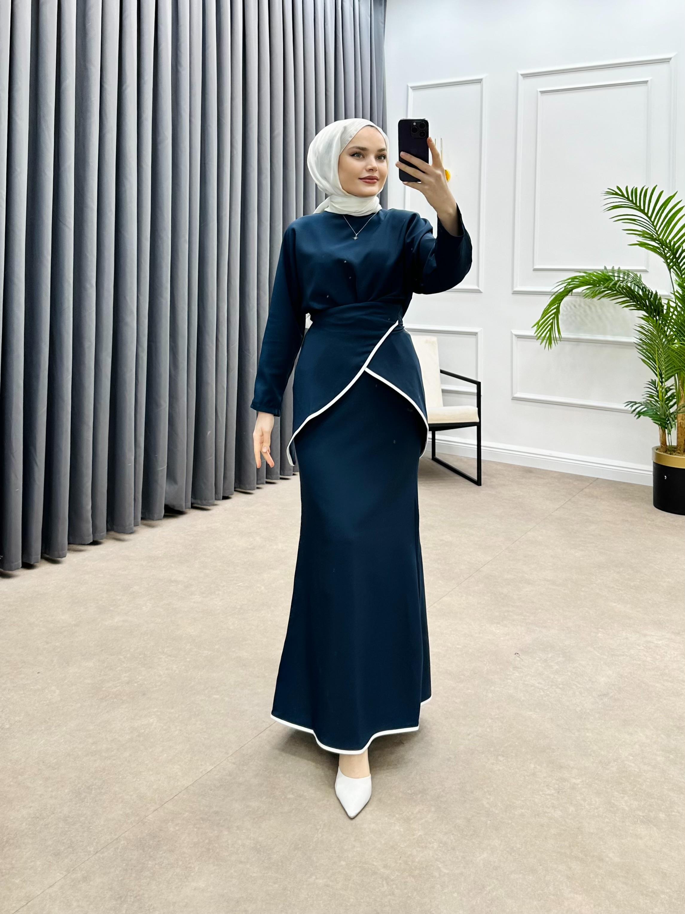 ŞERİT DETAY ETEKLİ MODAL TAKIM LACİVERT