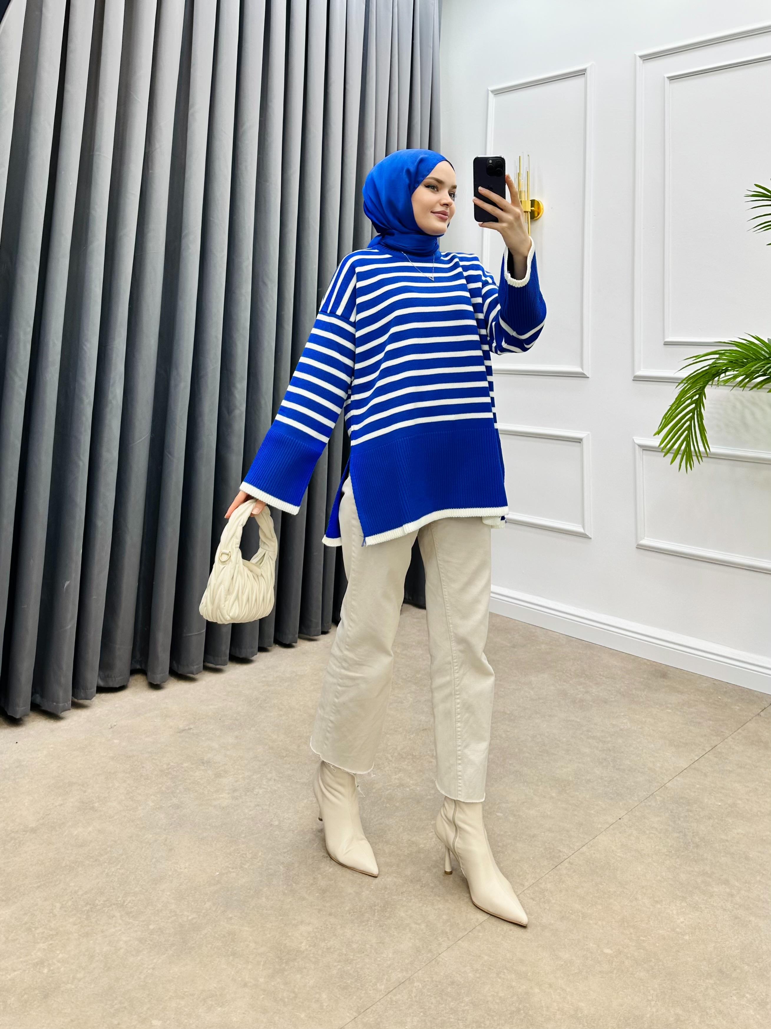 ŞERİT GEÇİŞLİ TRİKO KAZAK SAKS