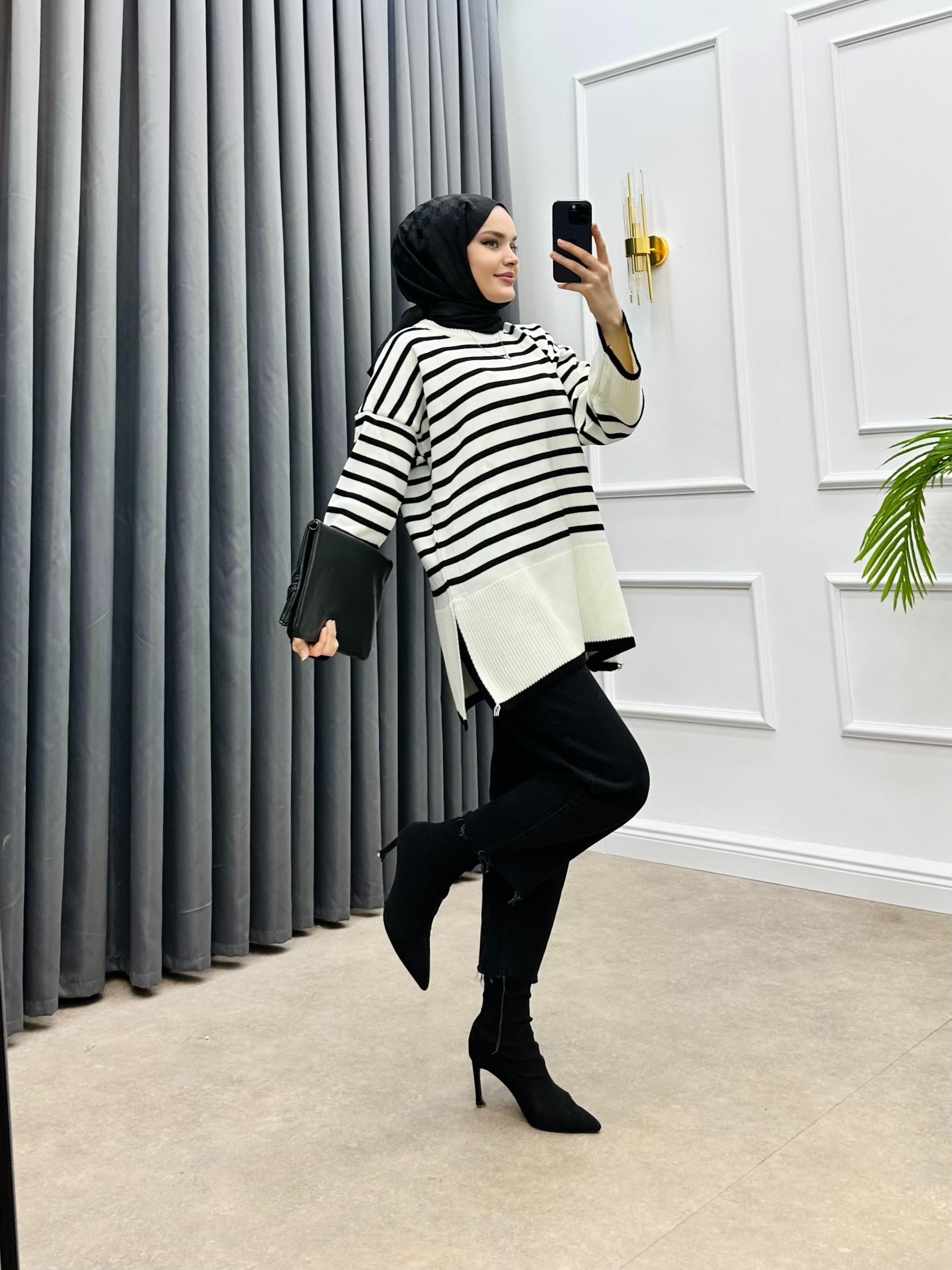 ŞERİT GEÇİŞLİ TRİKO KAZAK SİYAH