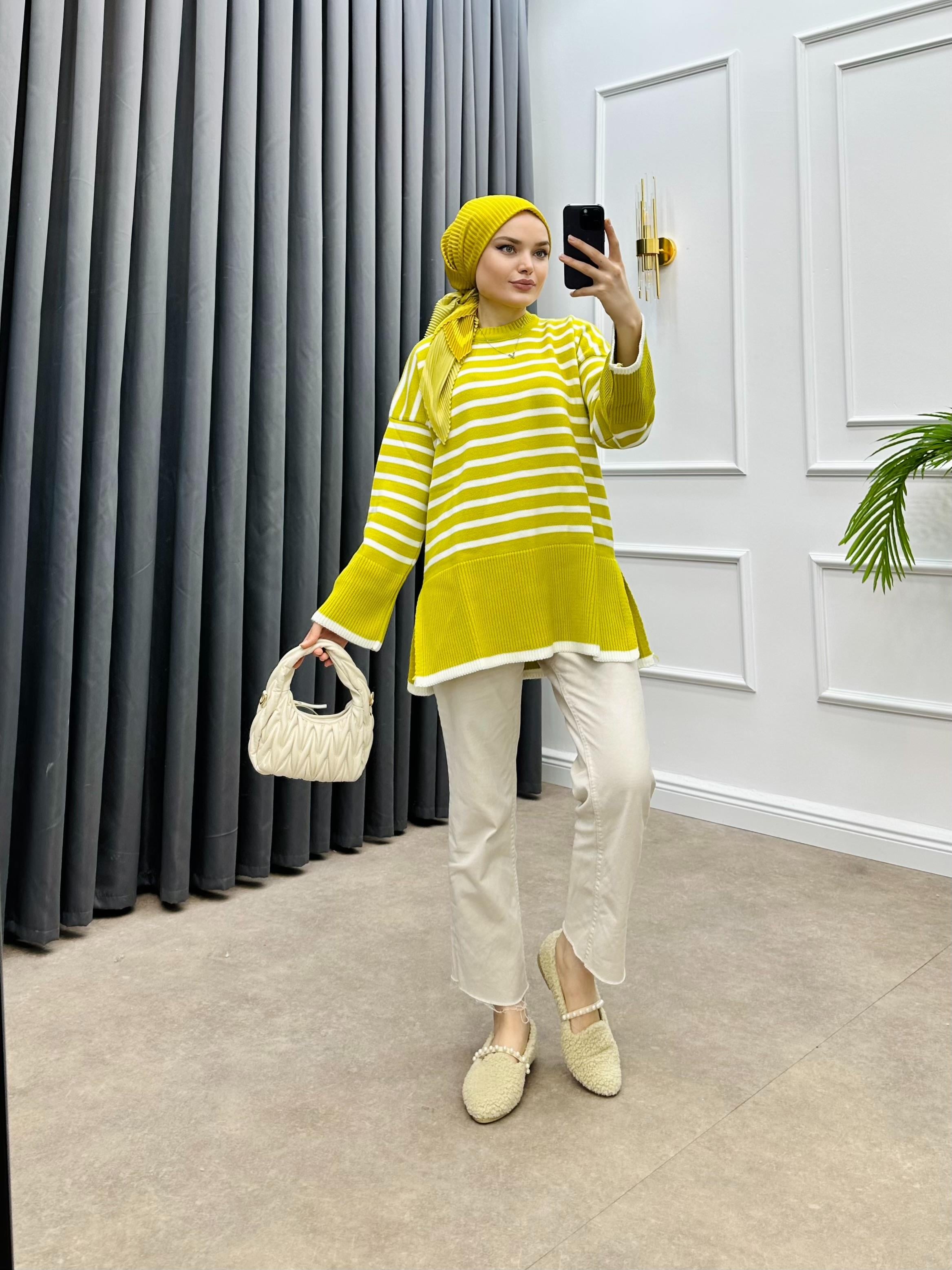 ŞERİT GEÇİŞLİ TRİKO KAZAK YAĞ YEŞİLİ