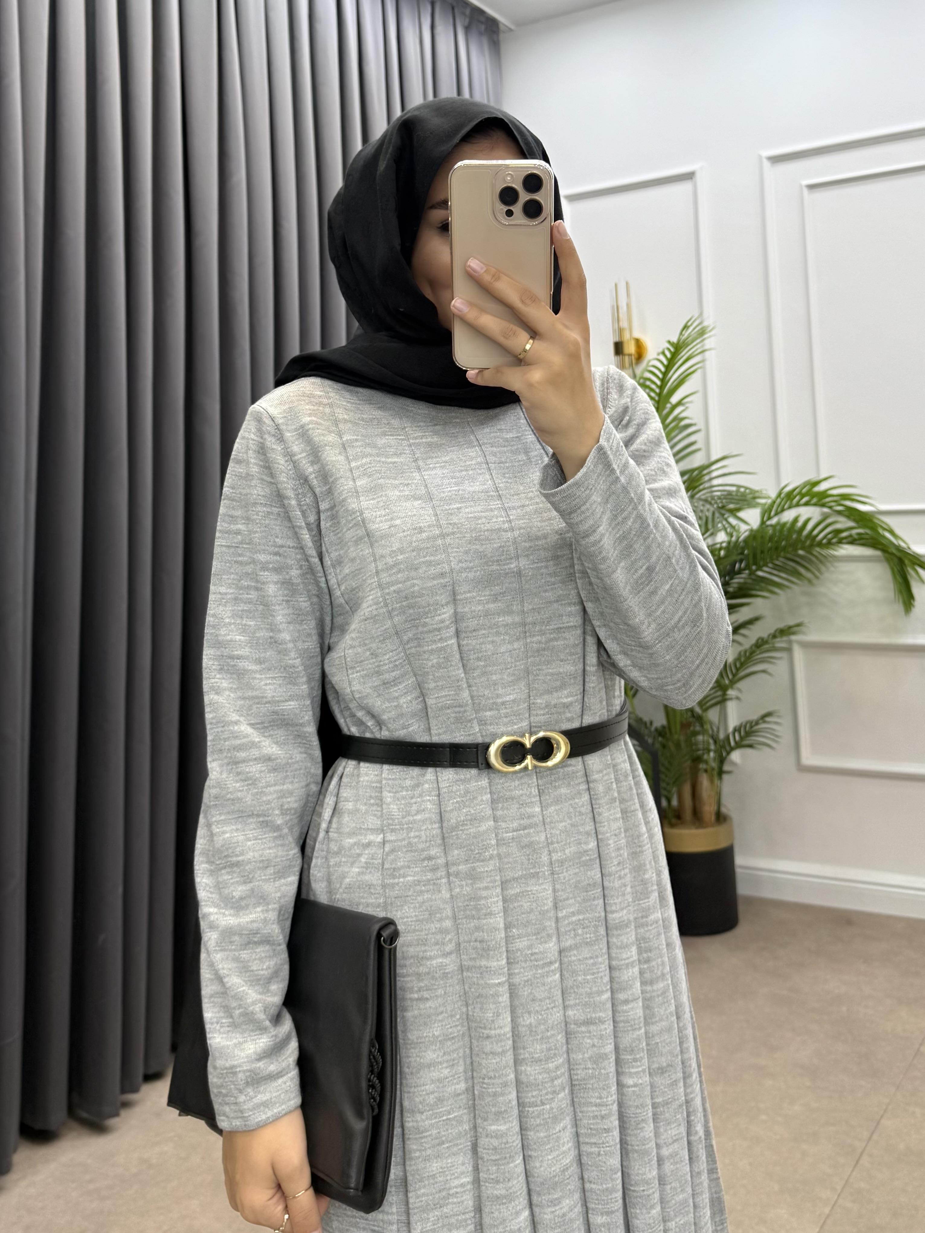 ŞERİTLİ KEMERLİ TRİKO ELBİSE GRİ