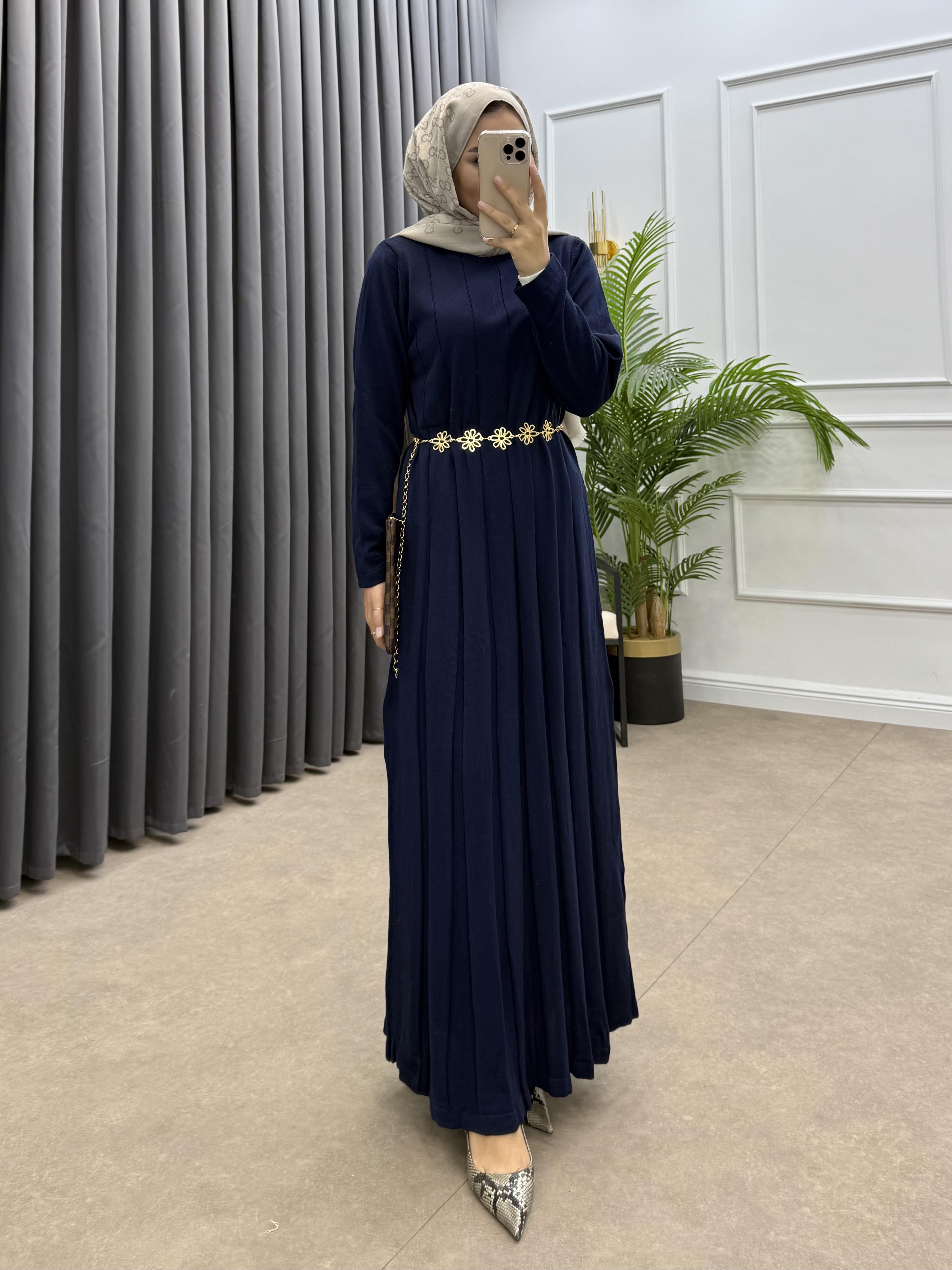 ŞERİTLİ KEMERLİ TRİKO ELBİSE LACİVERT