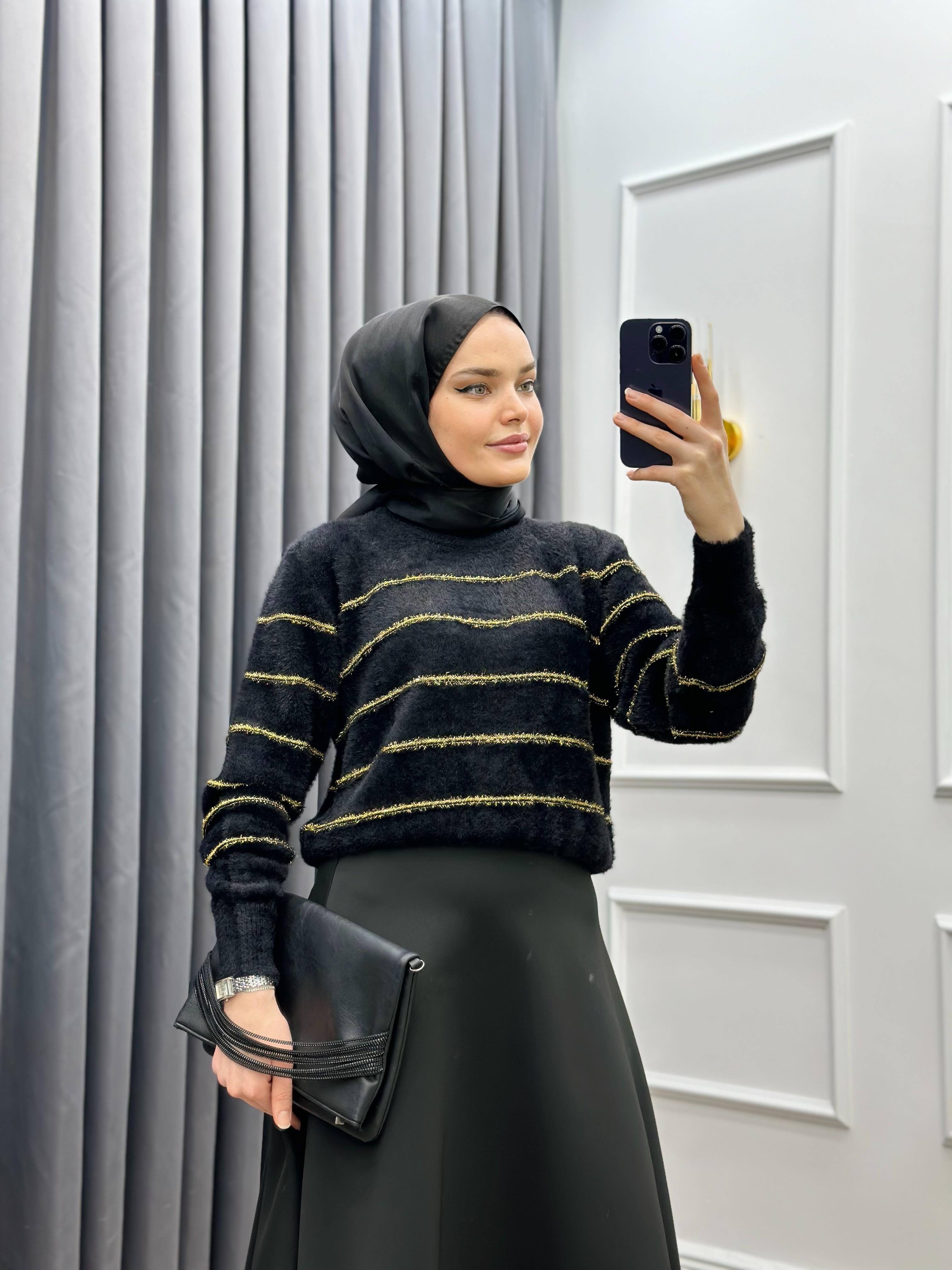 ŞERİTLİ YUMOŞ TRİKO KAZAK SİYAH