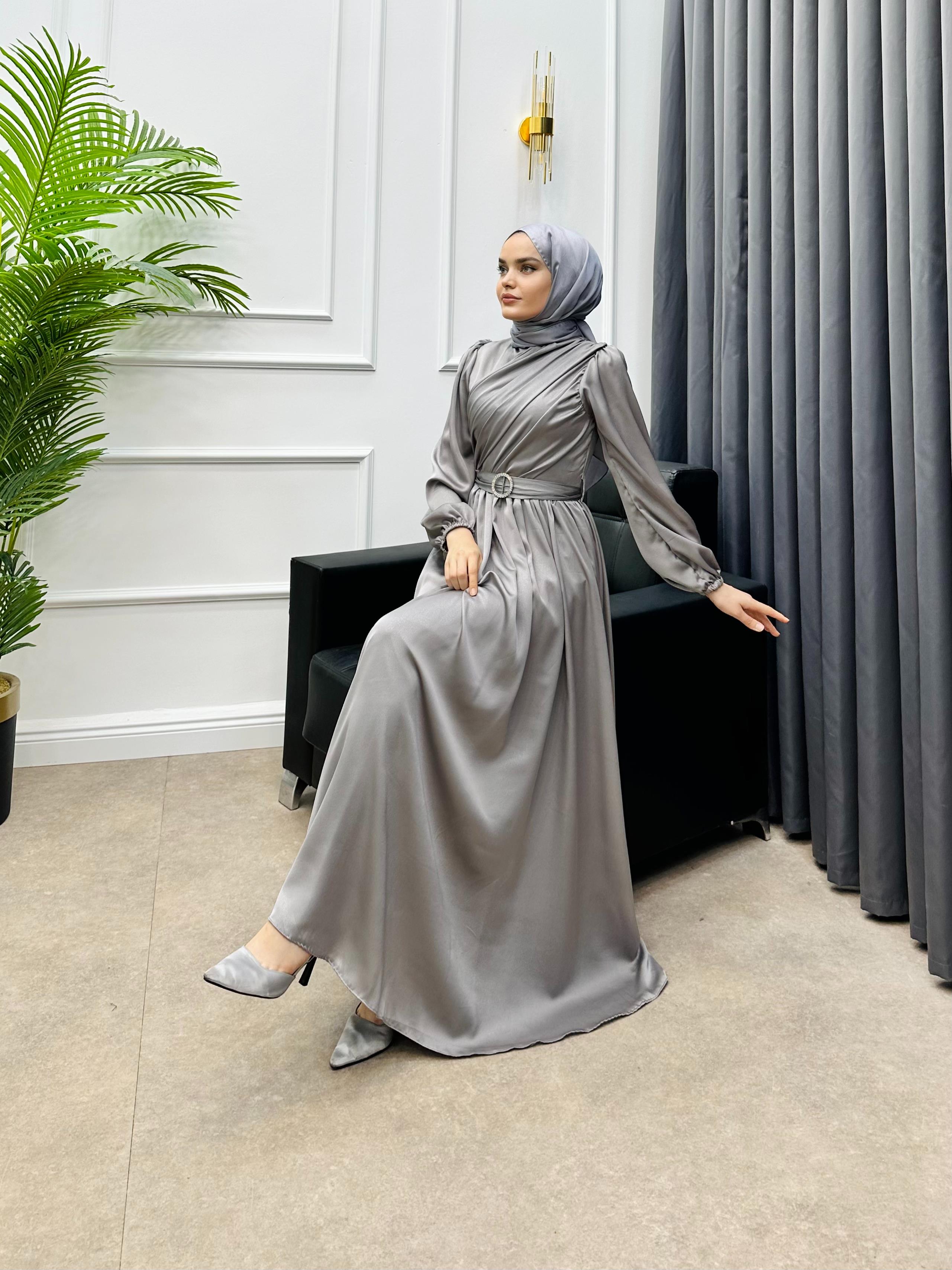 SEYYAR KEMERLİ DRAPE ELBİSE GRİ