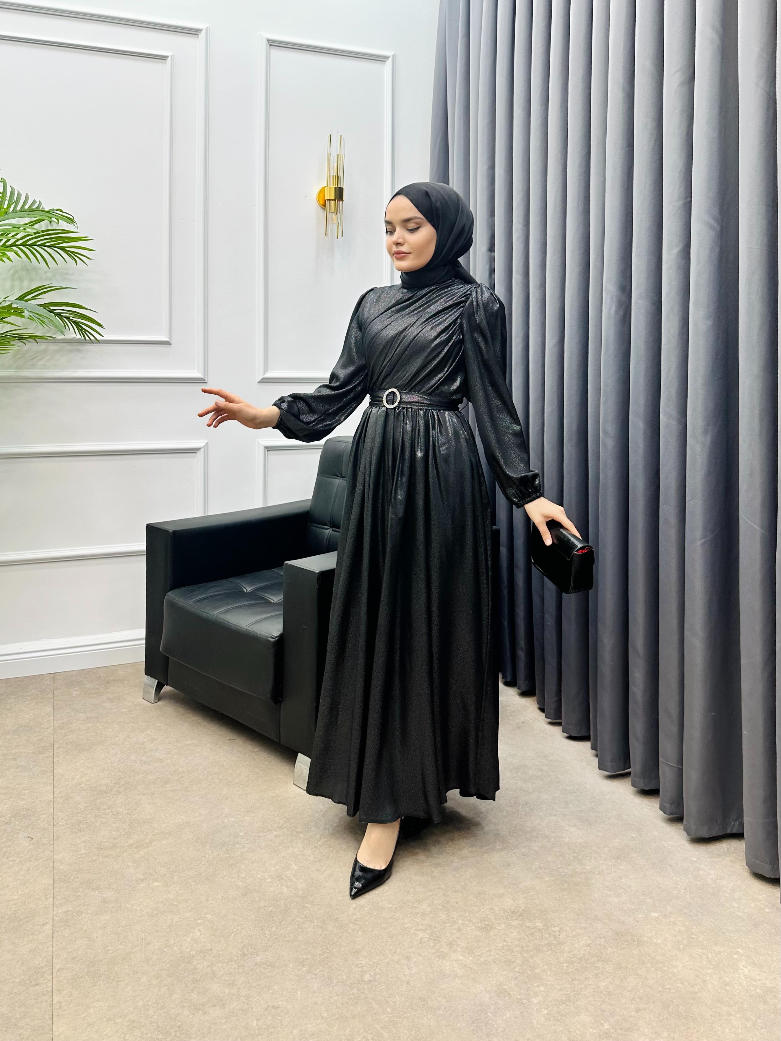 SEYYAR KEMERLİ DRAPE ELBİSE SİYAH