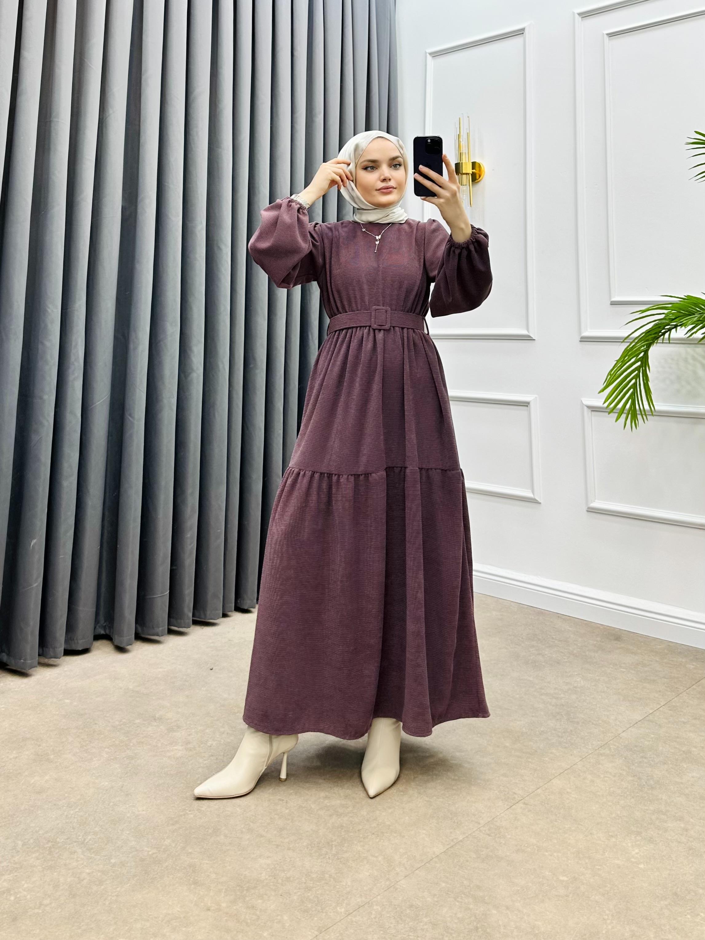 SEYYAR KEMERLİ FİTİLLİ KAFİDE ELBİSE MÜRDÜM