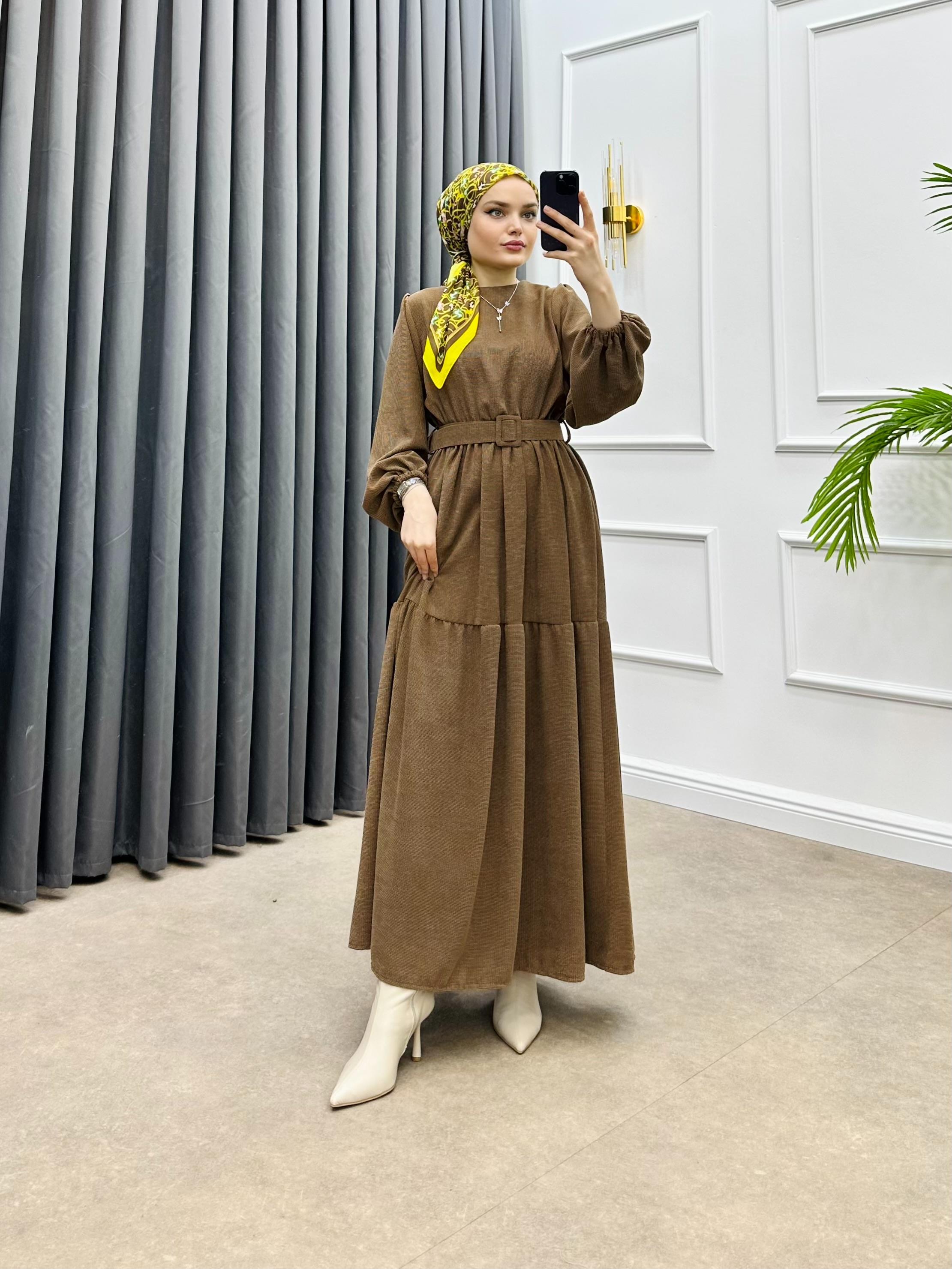 SEYYAR KEMERLİ FİTİLLİ KAFİDE ELBİSE TABA