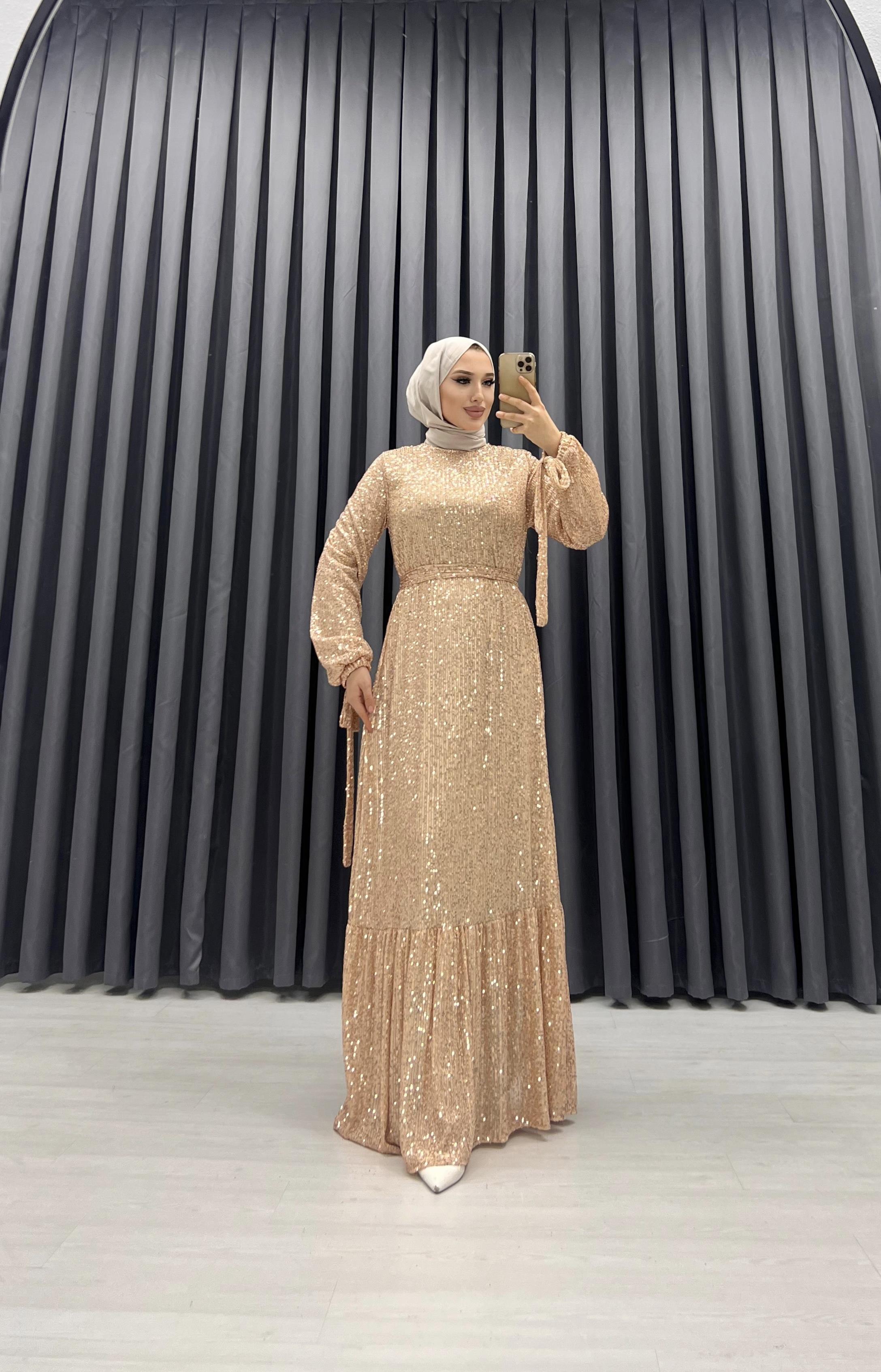 SEYYAR KEMERLİ PUL PAYET ELBİSE BEJ