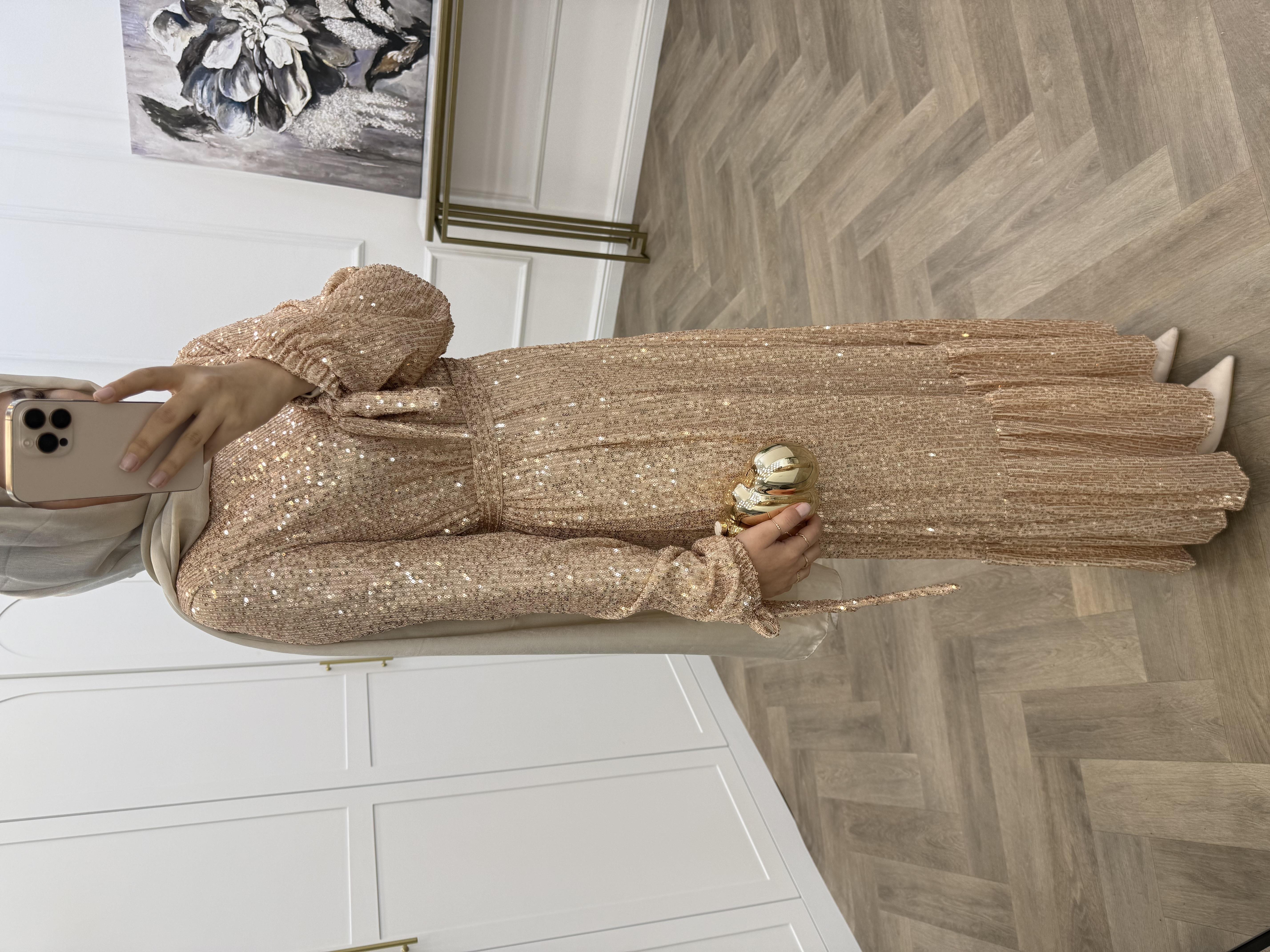 SEYYAR KEMERLİ PUL PAYET ELBİSE GOLD