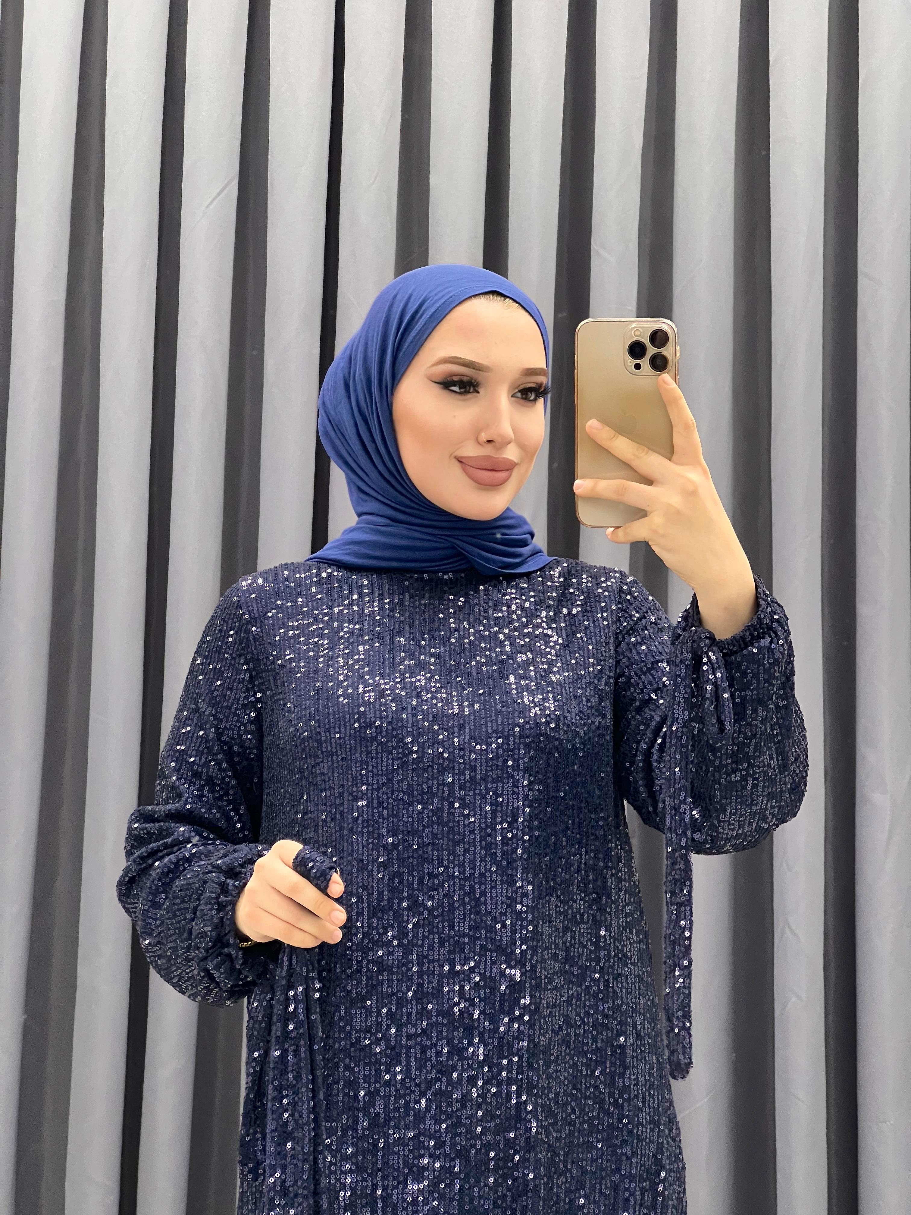 SEYYAR KEMERLİ PUL PAYET ELBİSE LACİVERT