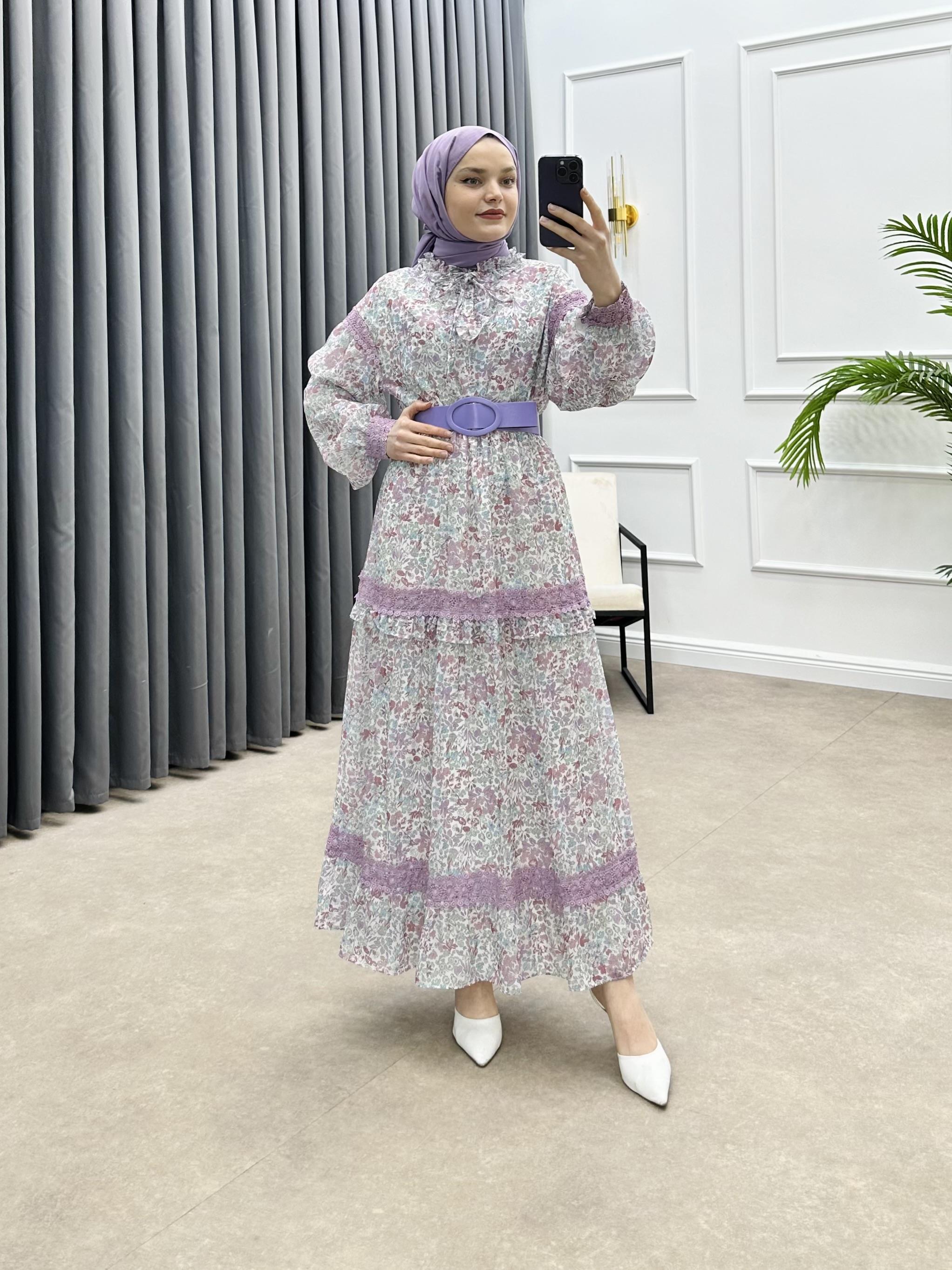 SEYYAR KEMERLİ ŞİFON ELBİSE LİLA