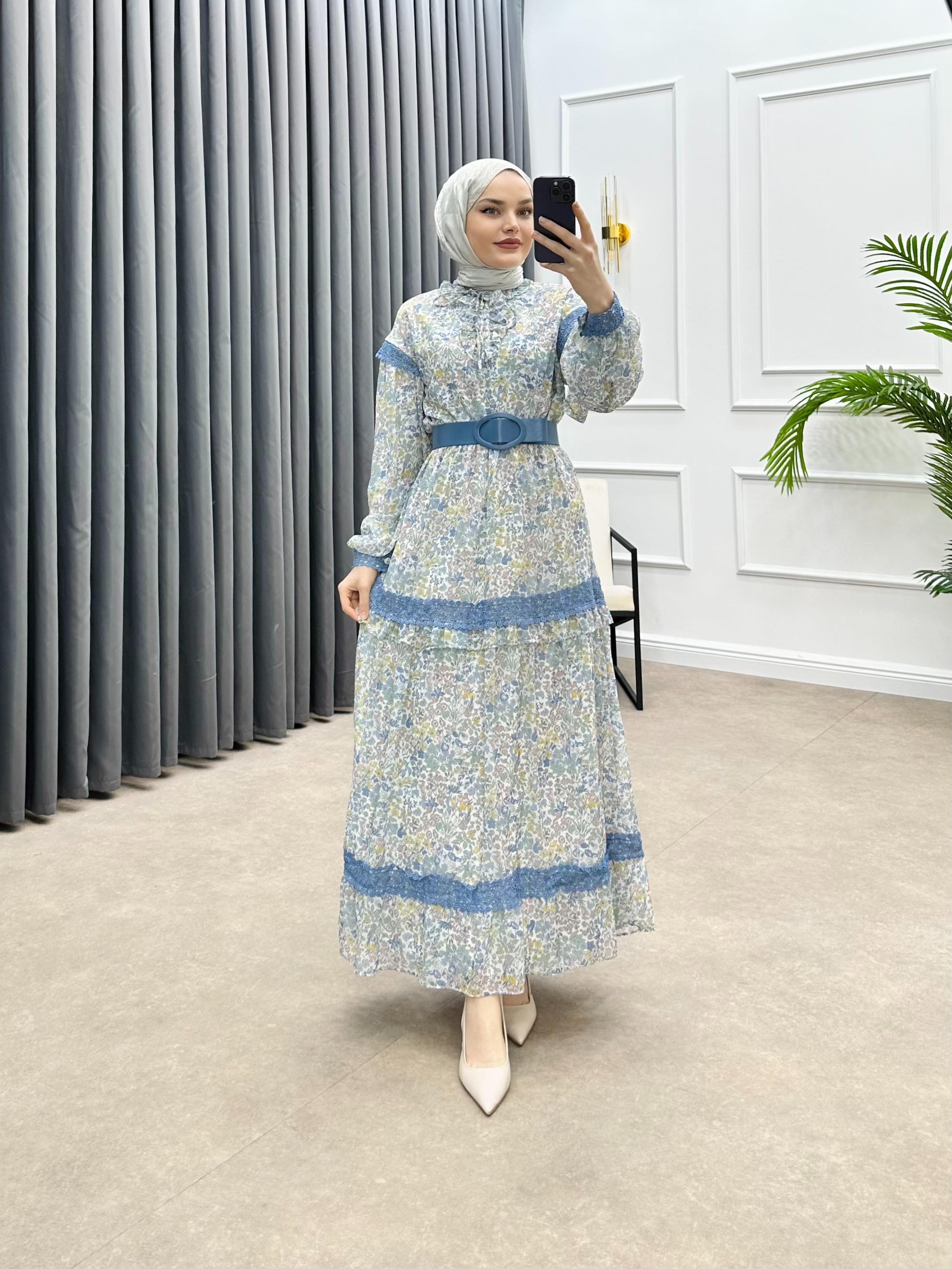 SEYYAR KEMERLİ ŞİFON ELBİSE MAVİ