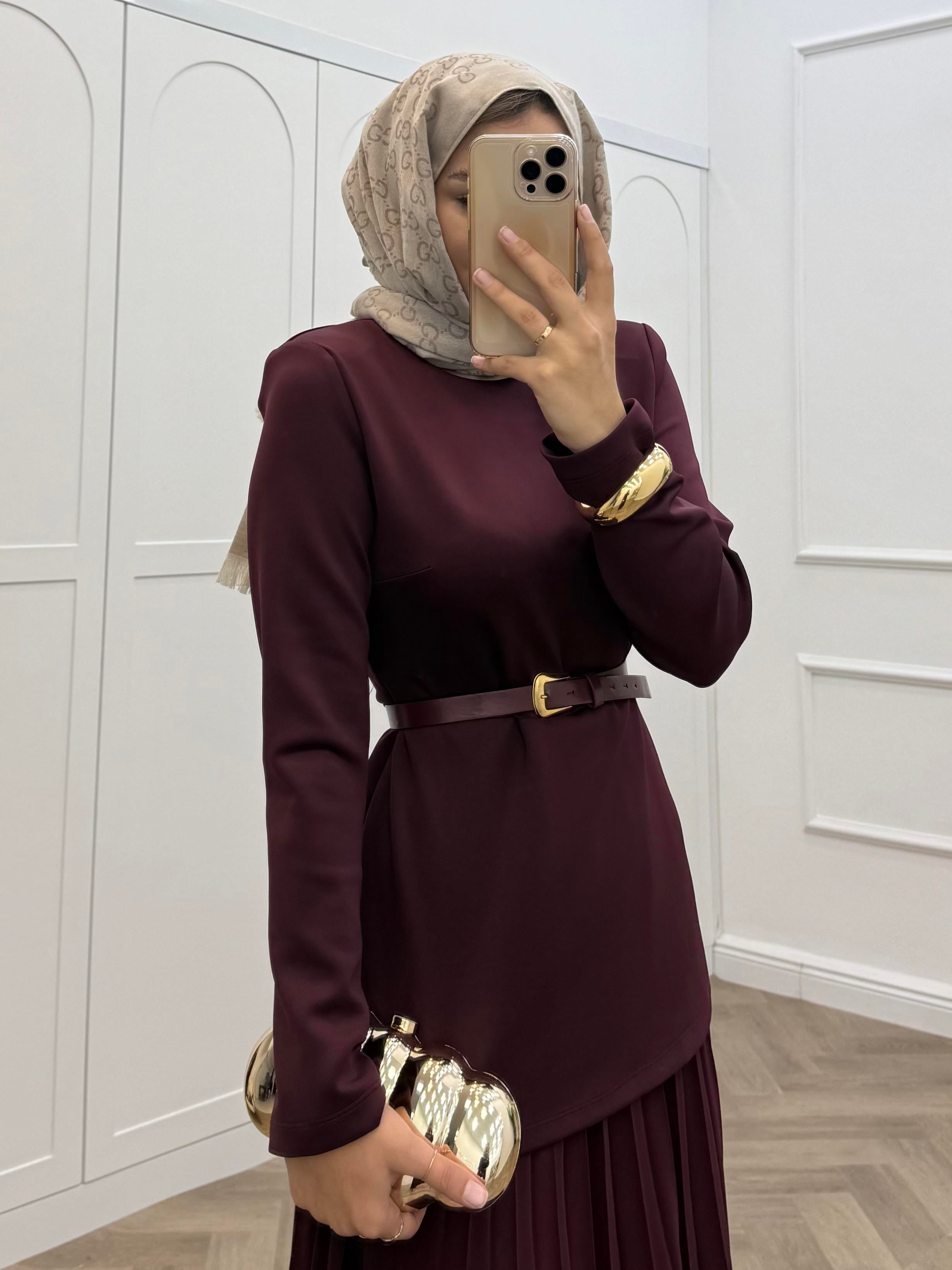 ŞİFON ETEKLİ SCUBA ELBİSE BORDO