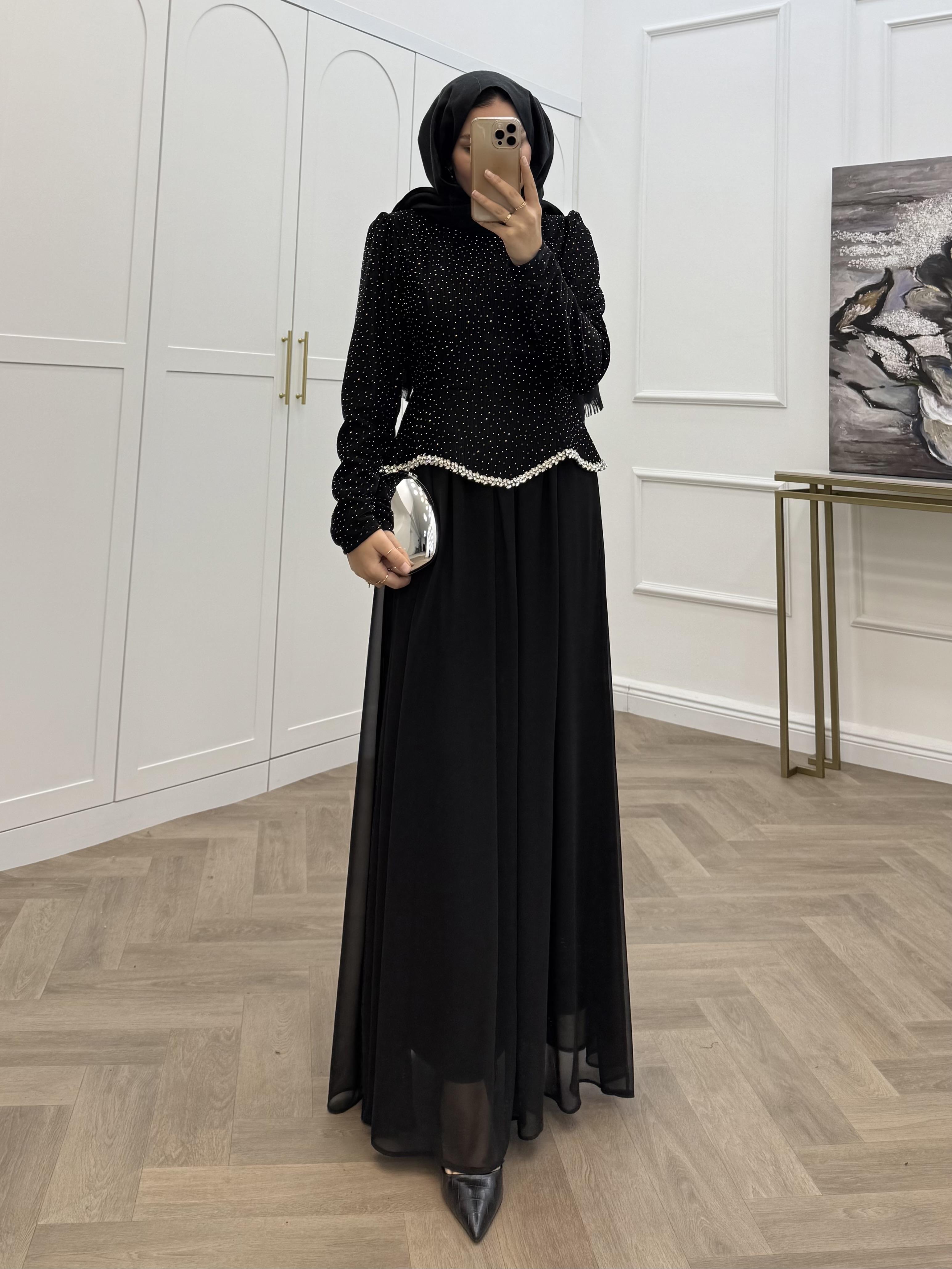 ŞİFON ETEKLİ TAŞLI ABİYE SİYAH