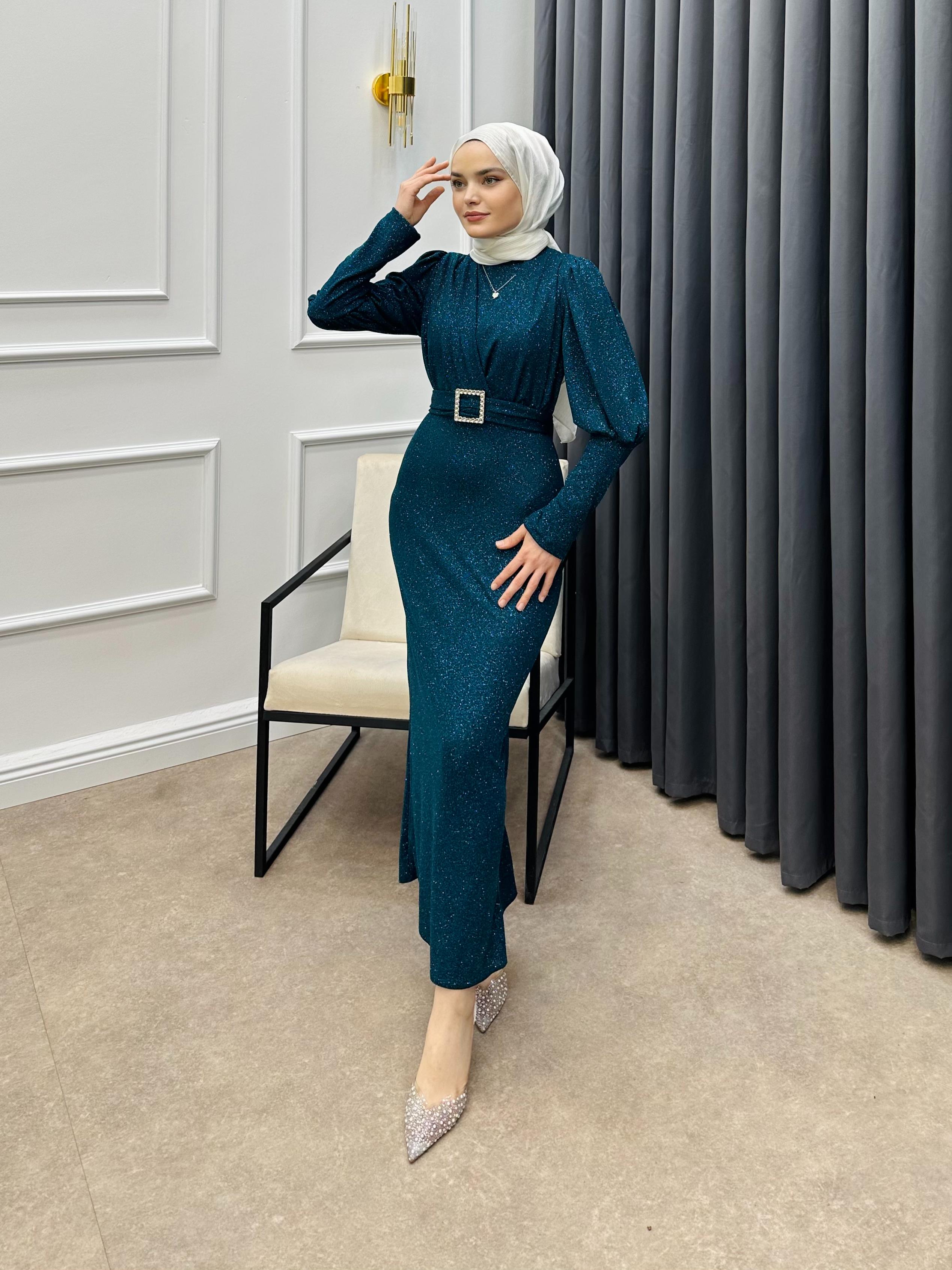 SİMLİ KALEM ELBİSE PETROL