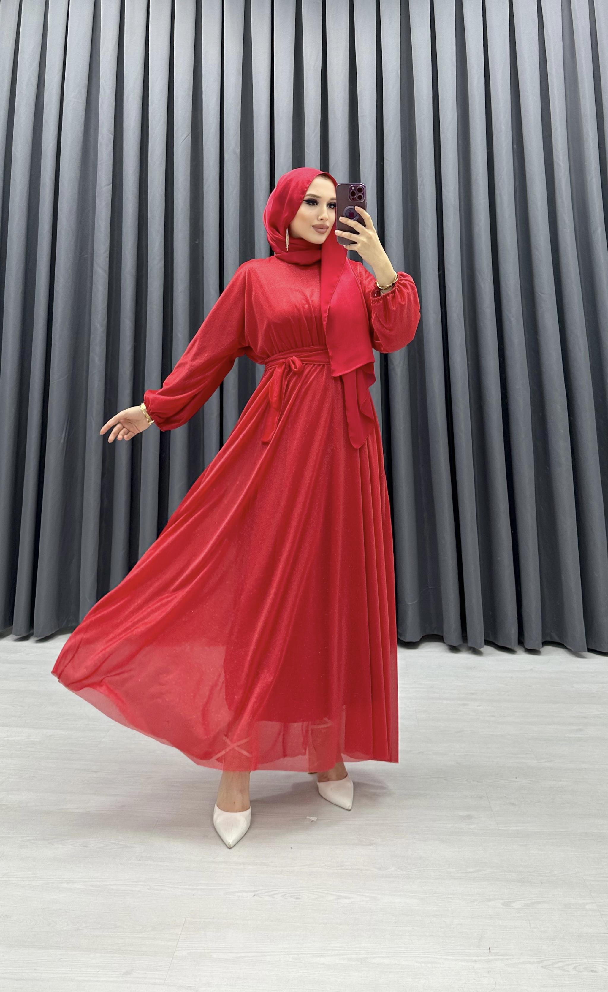 SİMLİ TÜL ELBİSE KIRMIZI