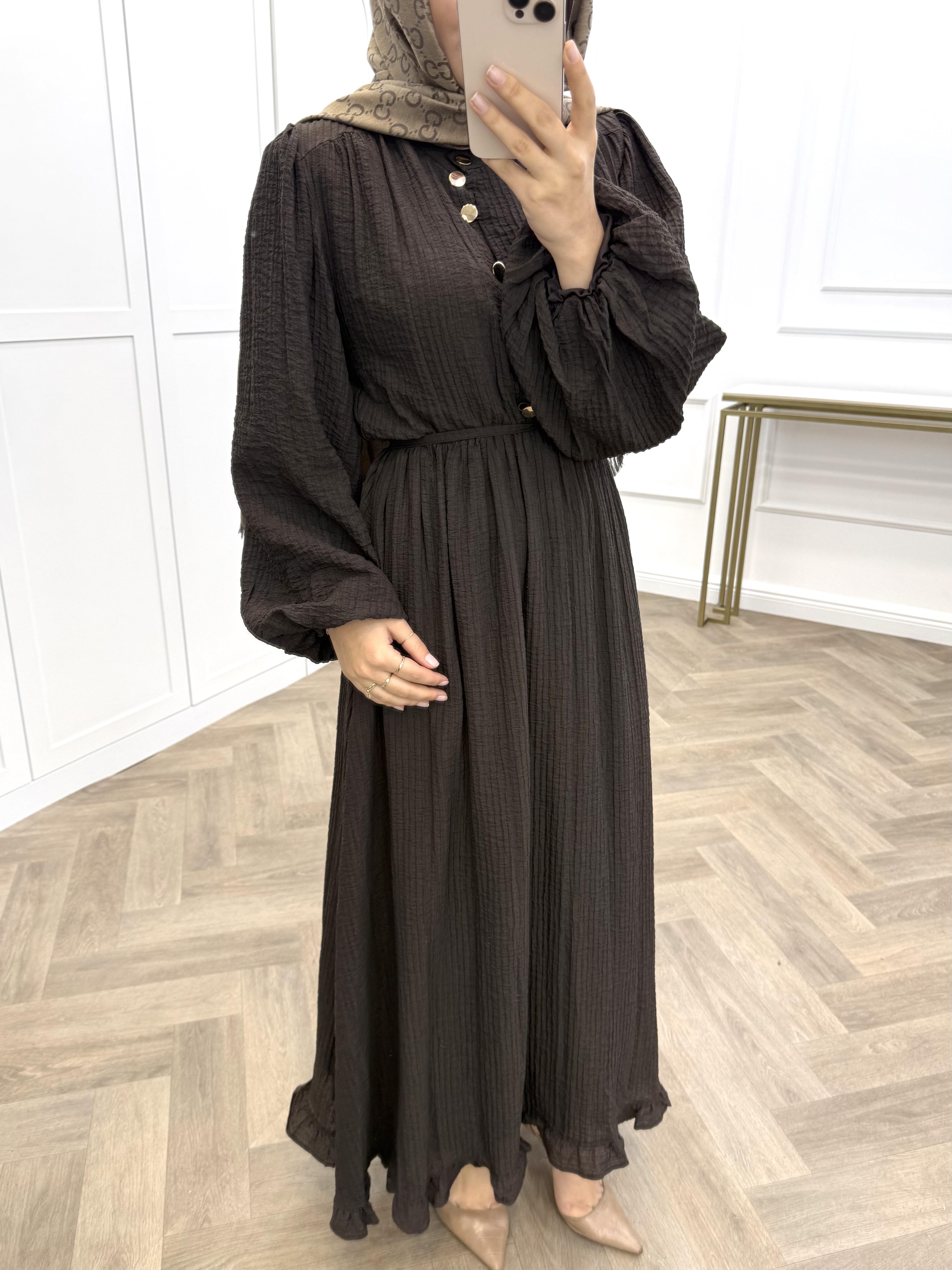 SOLİ GOLD DÜĞMELİ ELBİSE ACI KAHVE