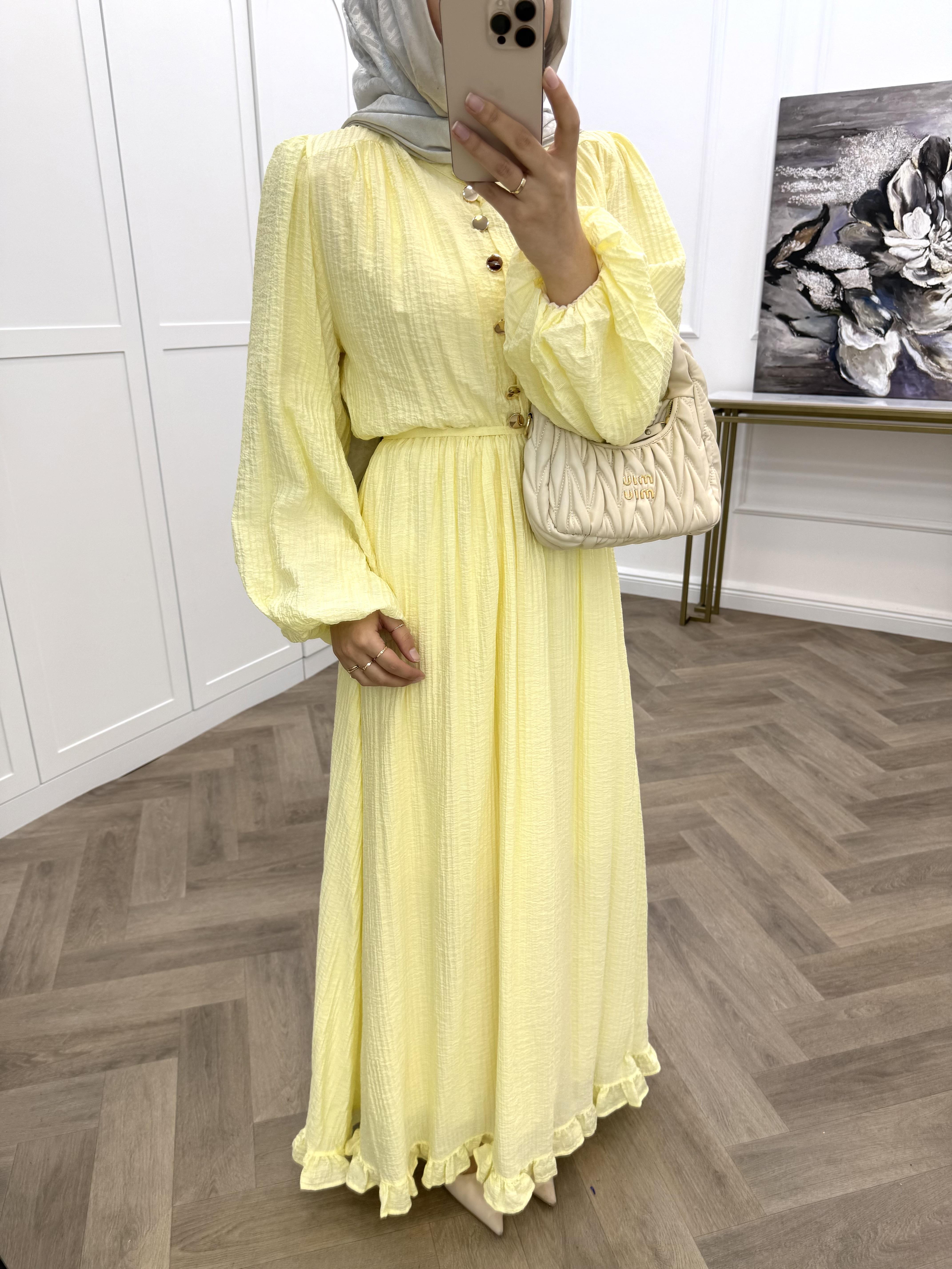 SOLİ GOLD DÜĞMELİ ELBİSE SARI