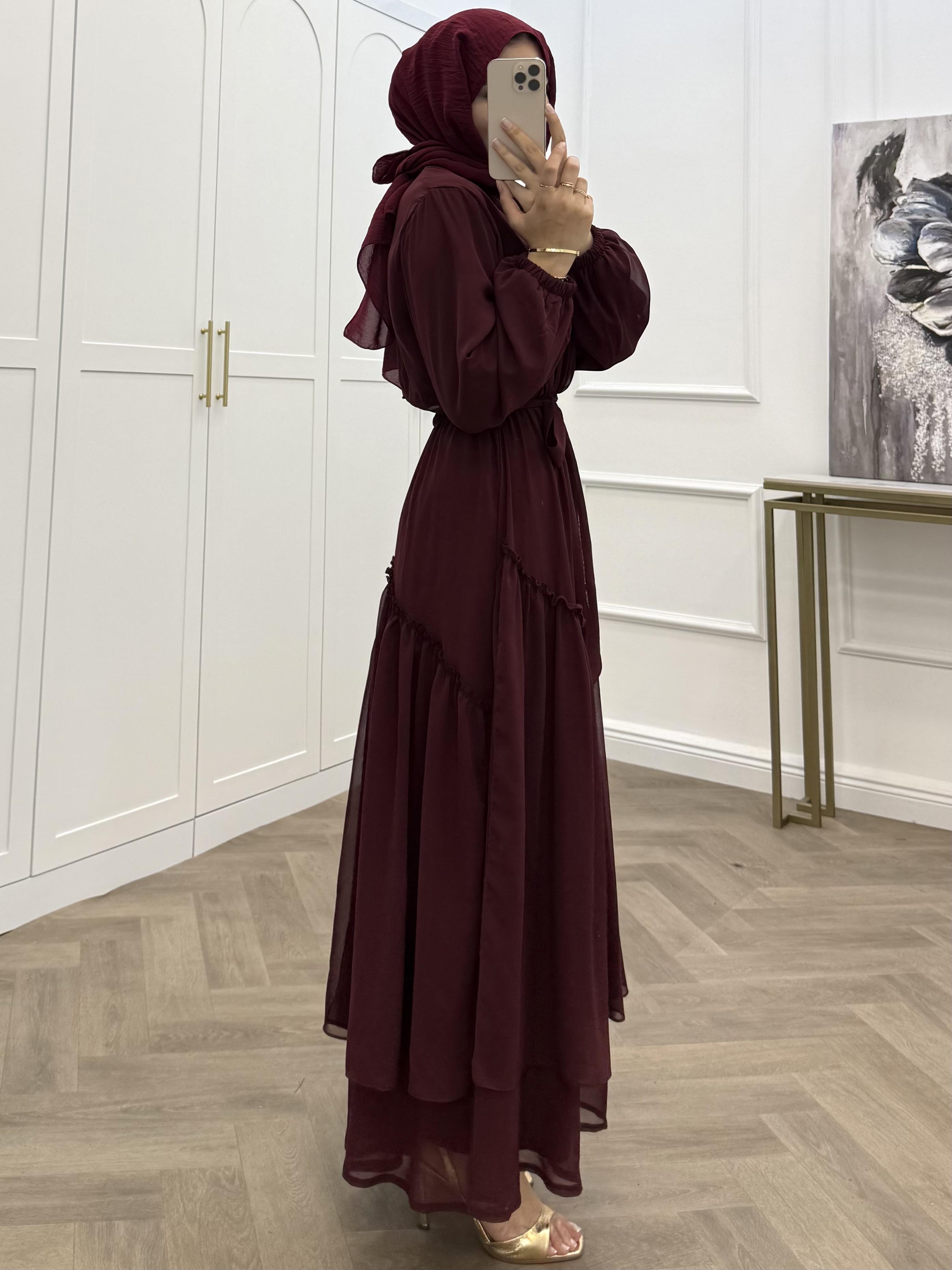 SUDE ŞİFON ELBİSE BORDO