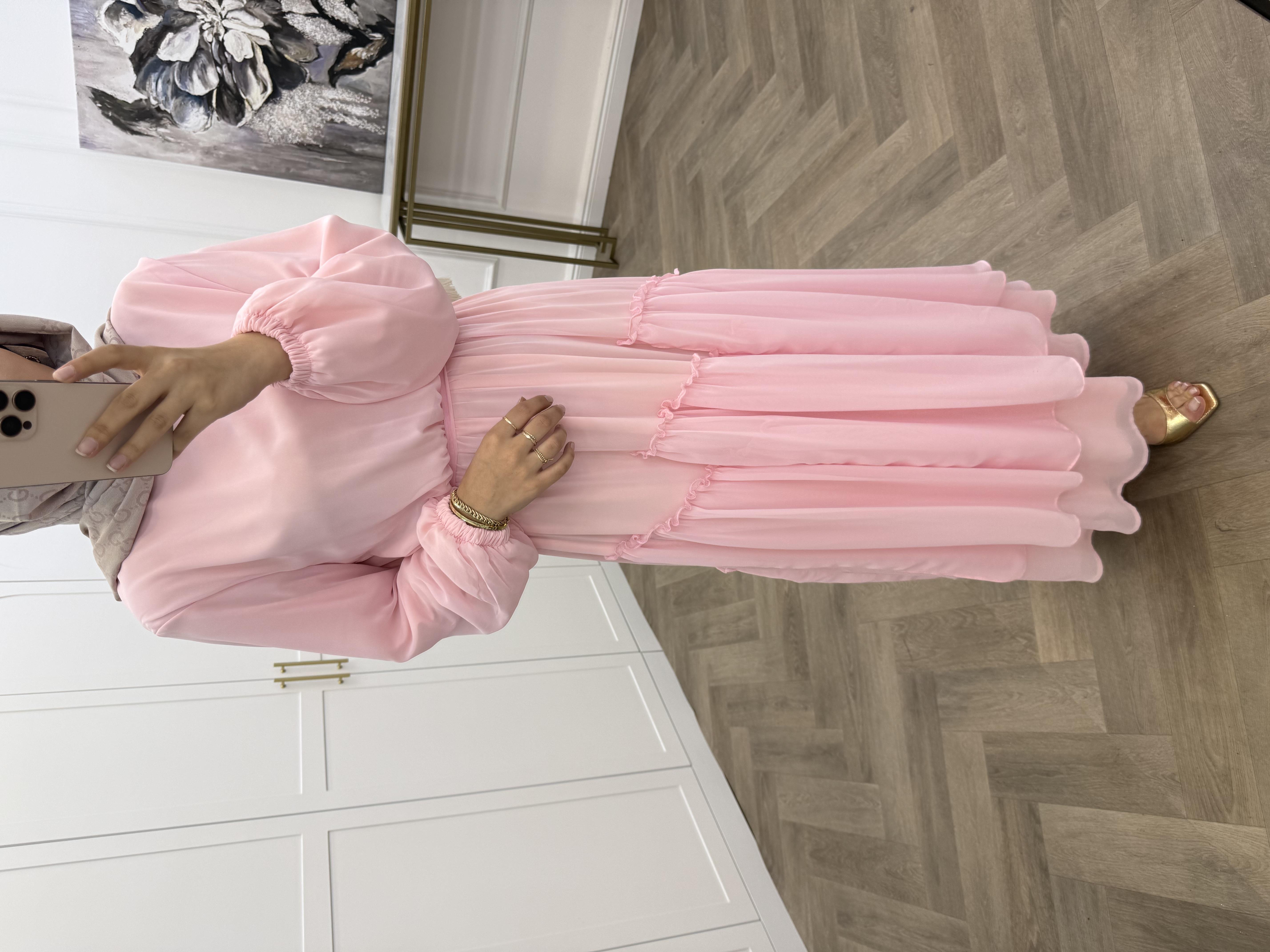 SUDE ŞİFON ELBİSE PEMBE