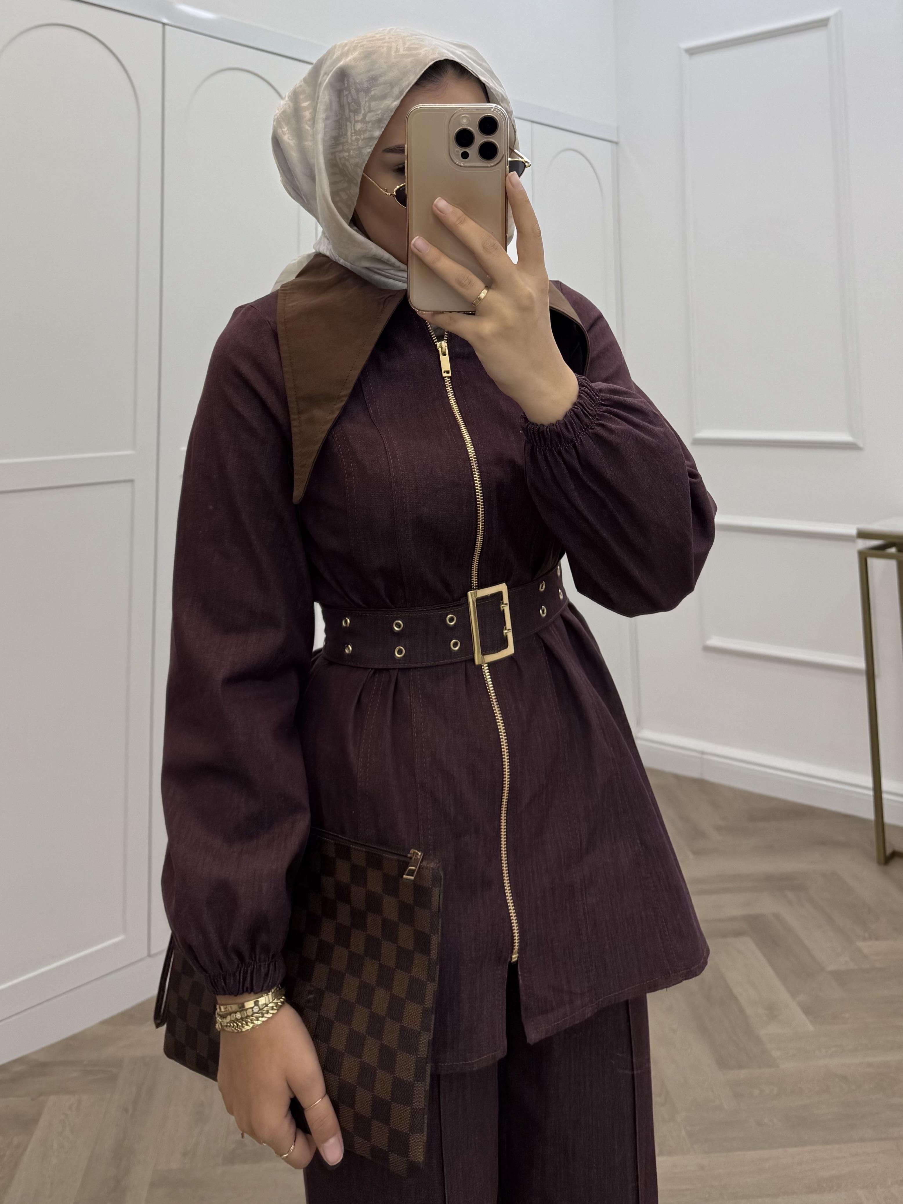 SÜET YAKA DENİM TAKIM BORDO