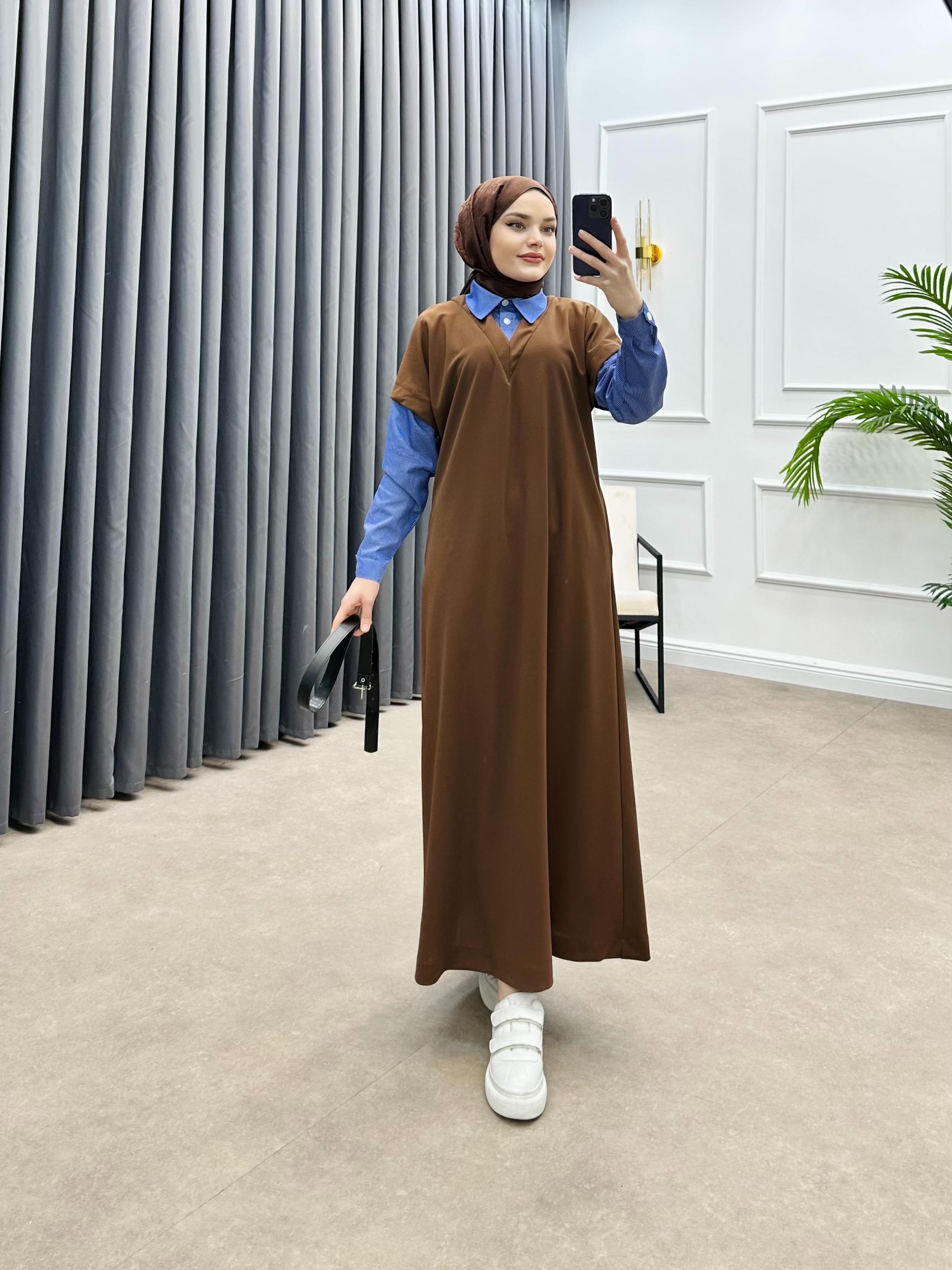 SÜVETER KREP ELBİSE KAHVE