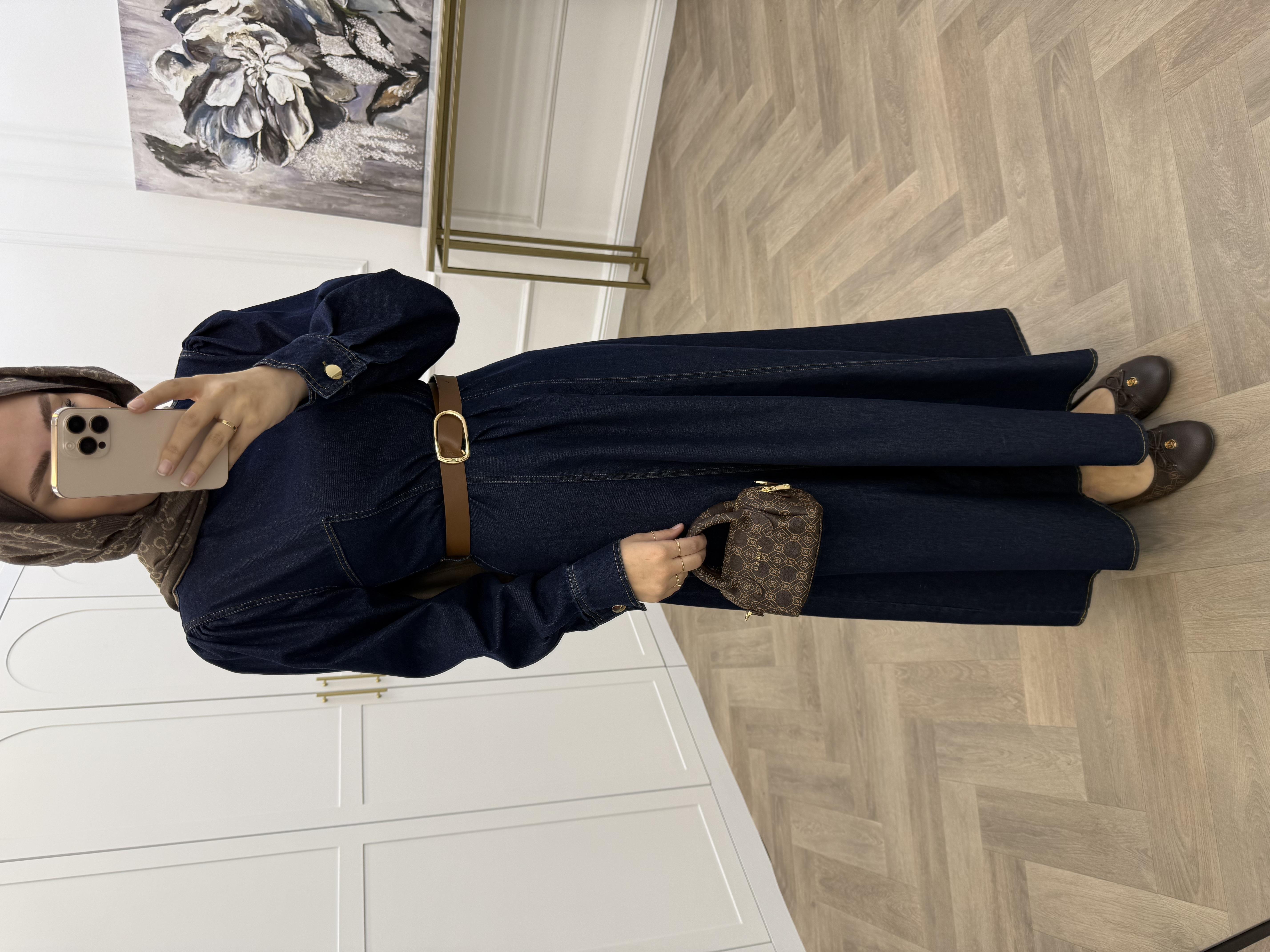 TABA KEMERLİ DENİM ELBİSE LACİVERT