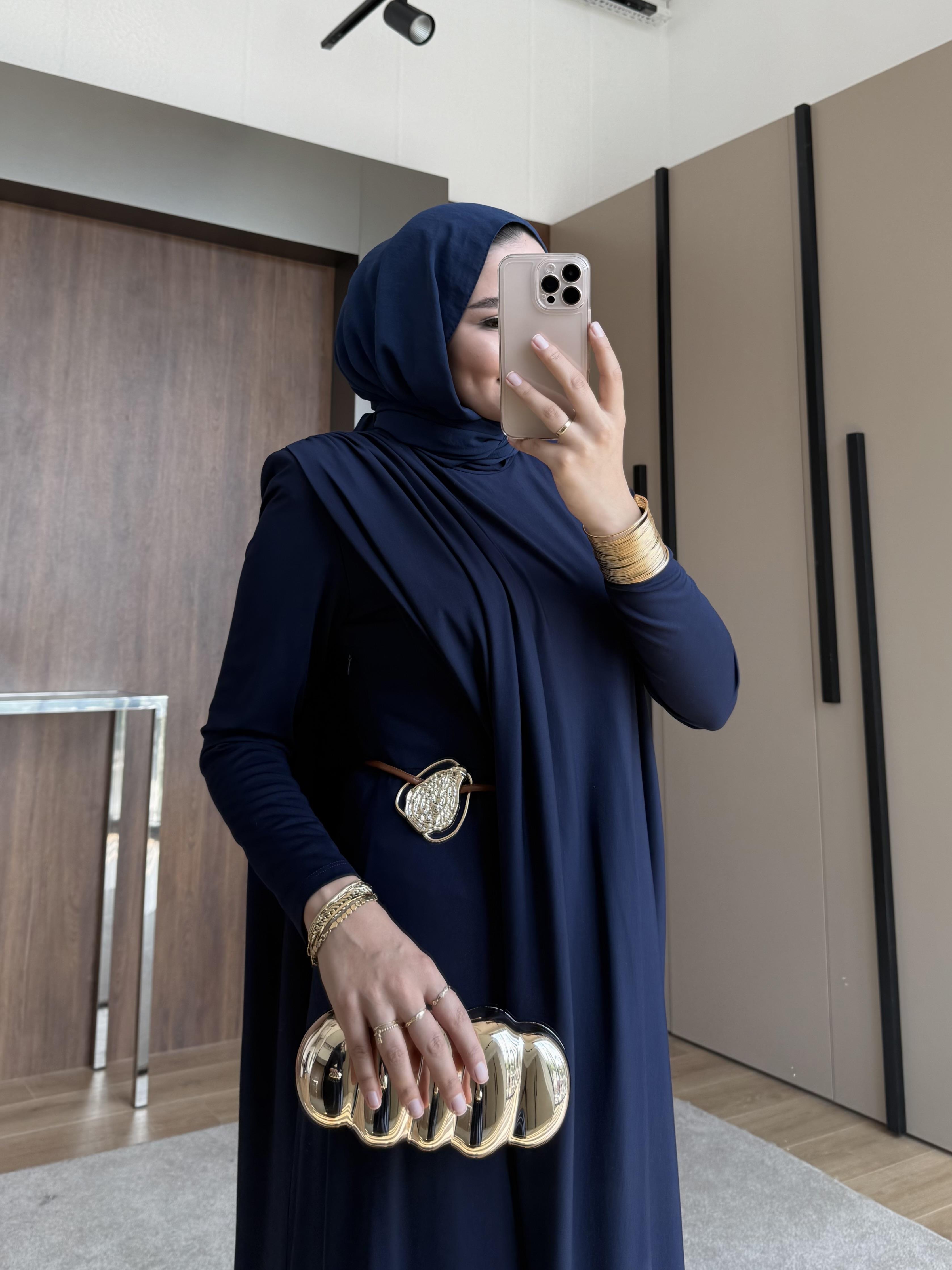 TABA KEMERLİ PENYE ELBİSE LACİVERT