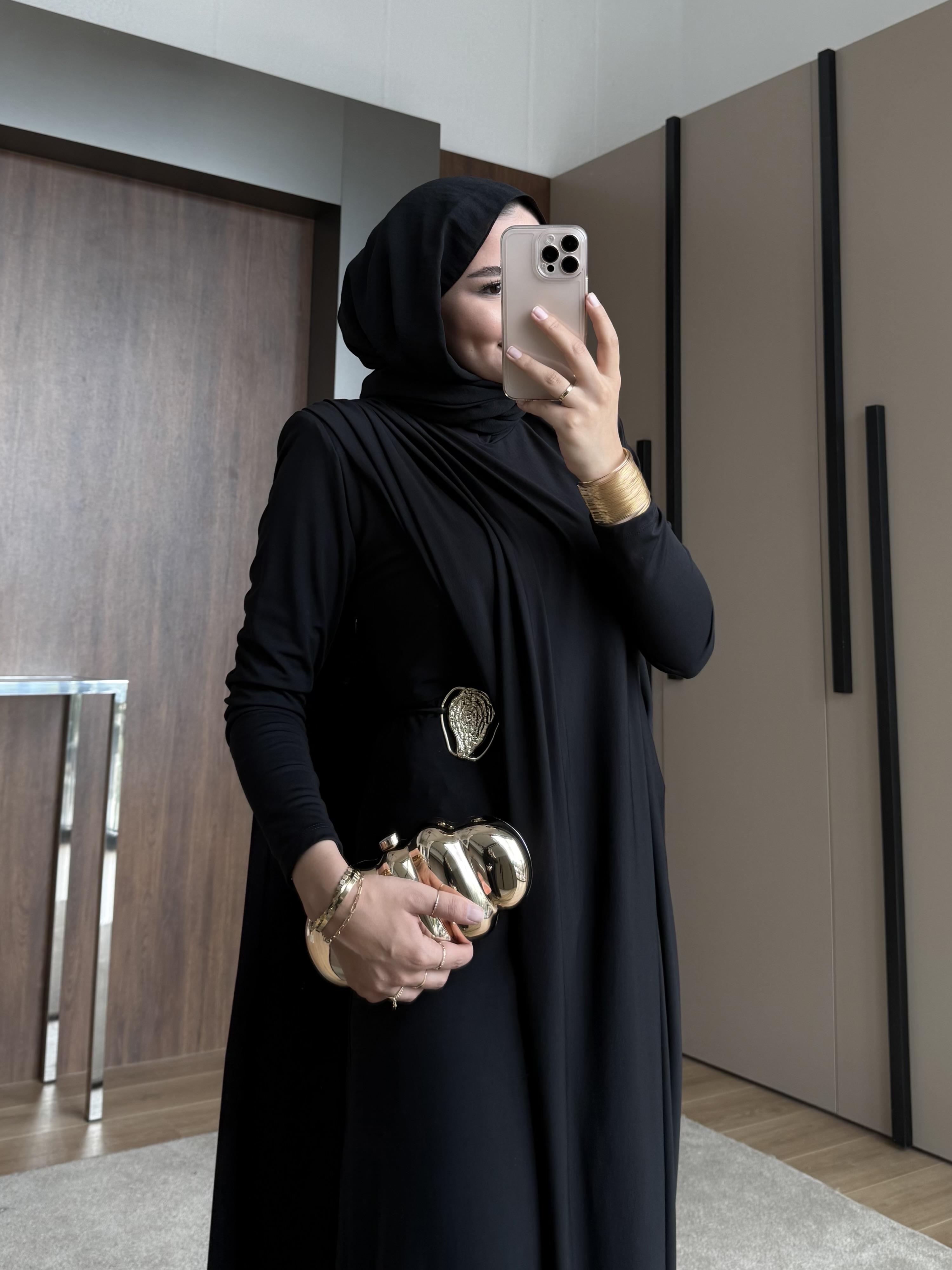 TABA KEMERLİ PENYE ELBİSE SİYAH