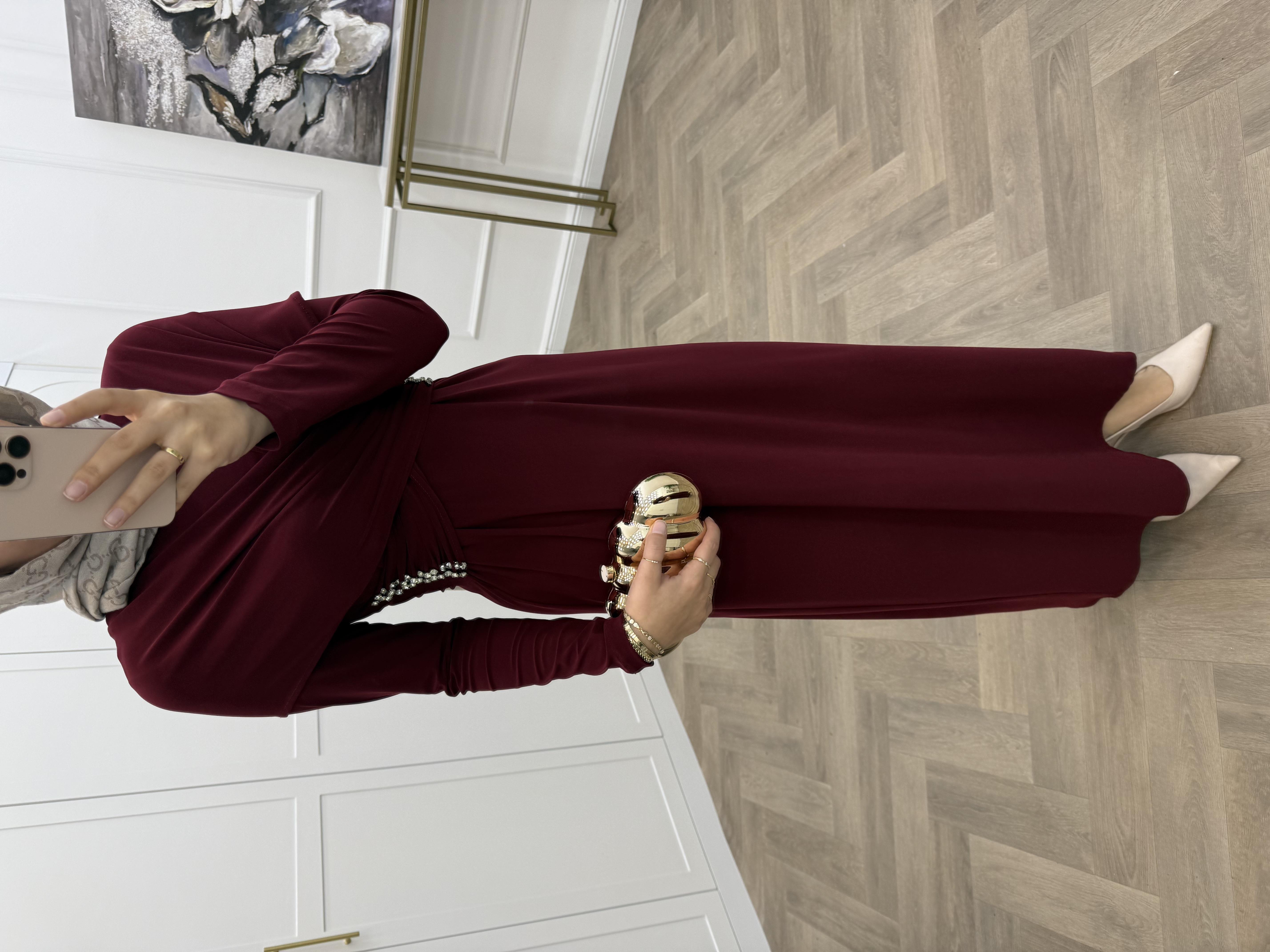 TASARIM TAŞLI SANDY ELBİSE  BORDO