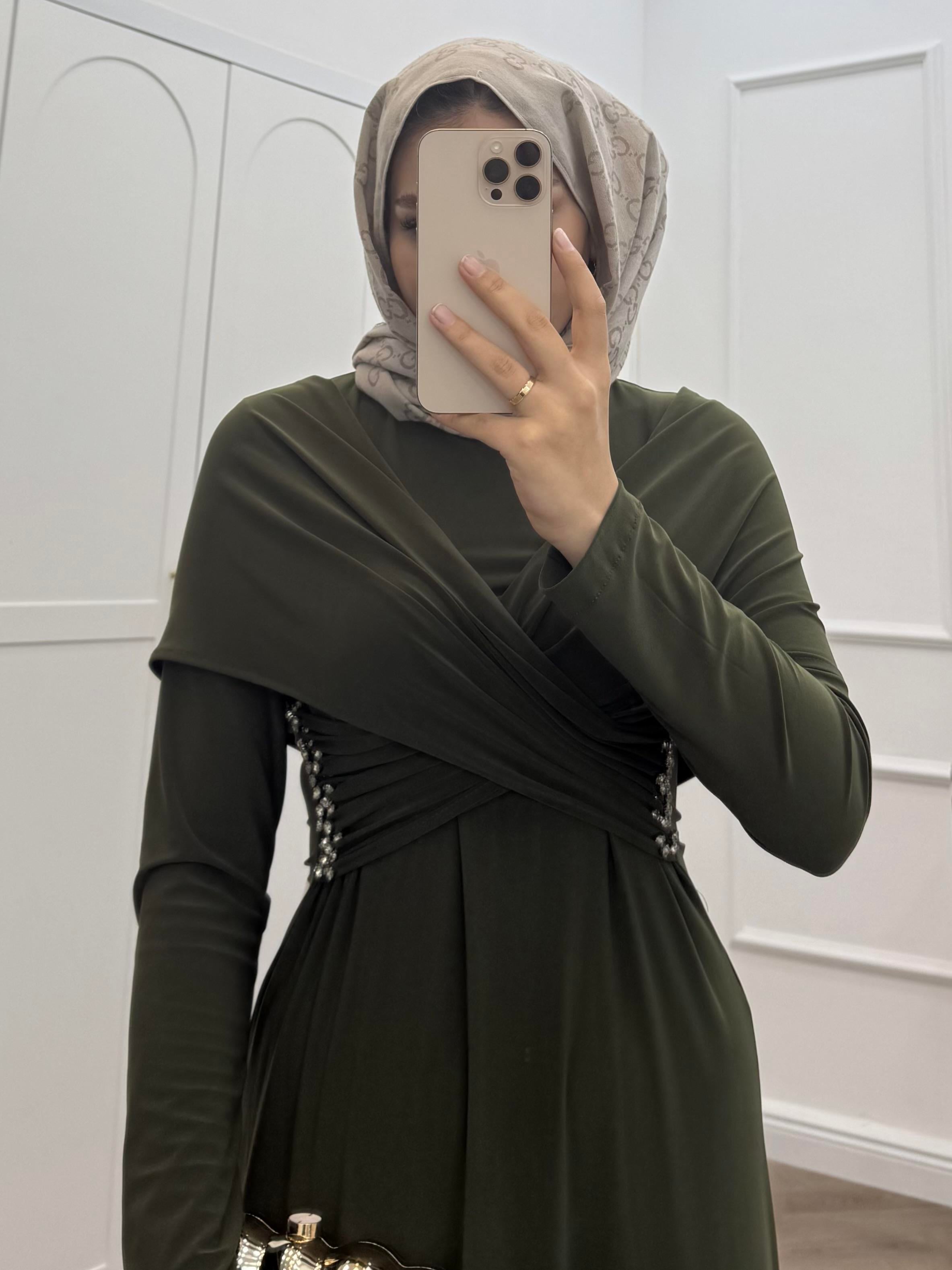 TASARIM TAŞLI SANDY ELBİSE HAKİ