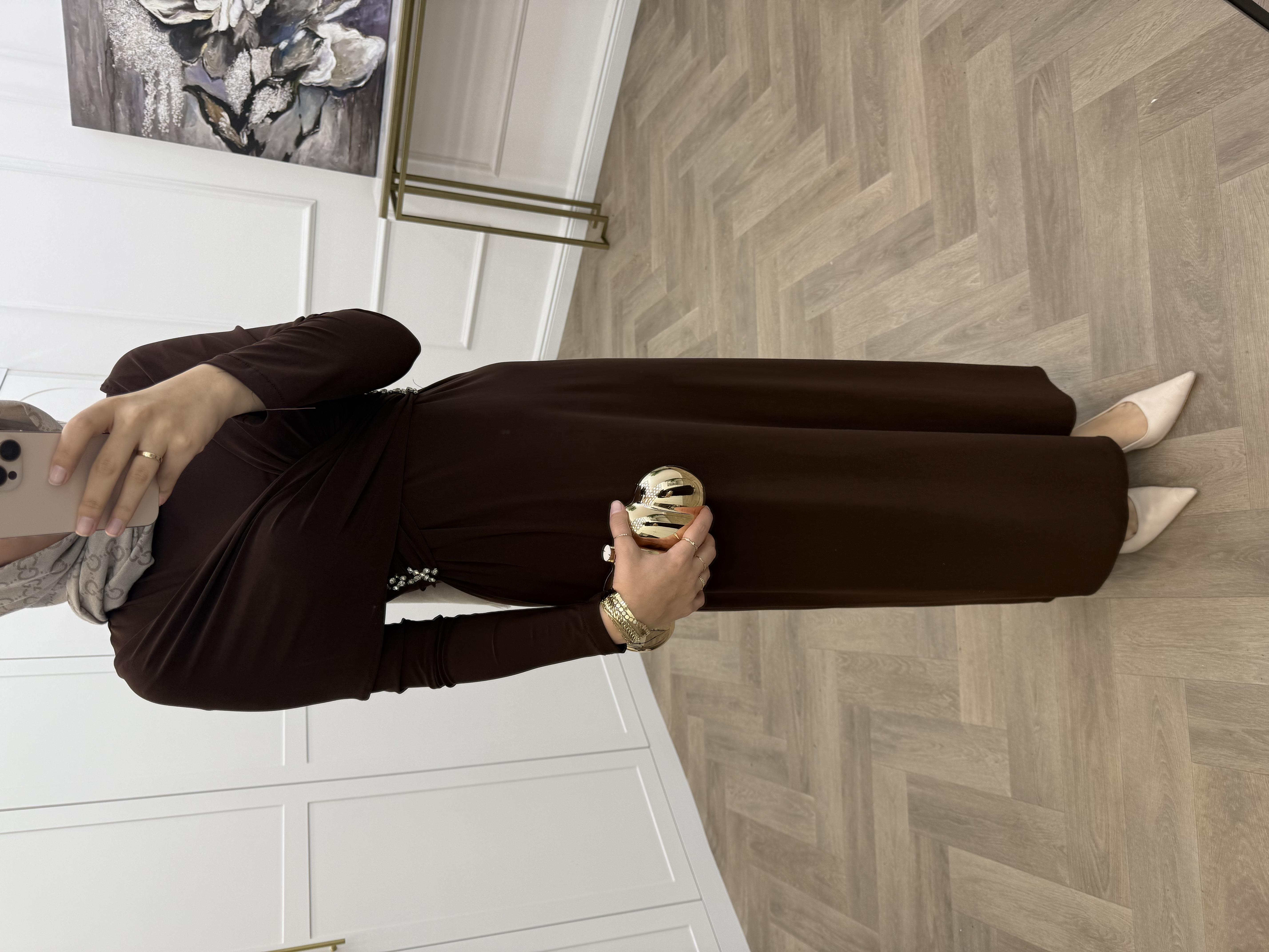 TASARIM TAŞLI SANDY ELBİSE  KAHVE