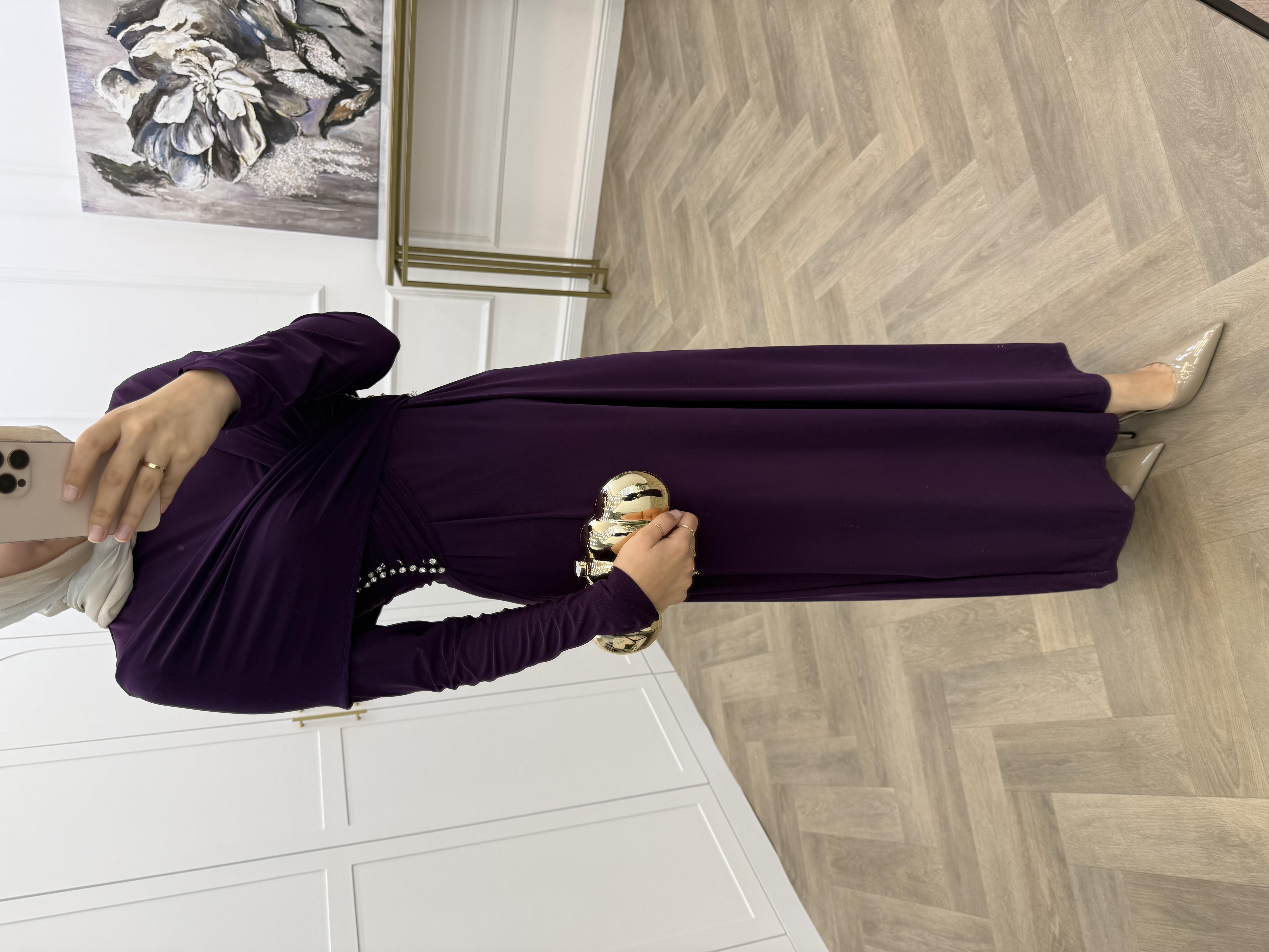 TASARIM TAŞLI SANDY ELBİSE  MOR 