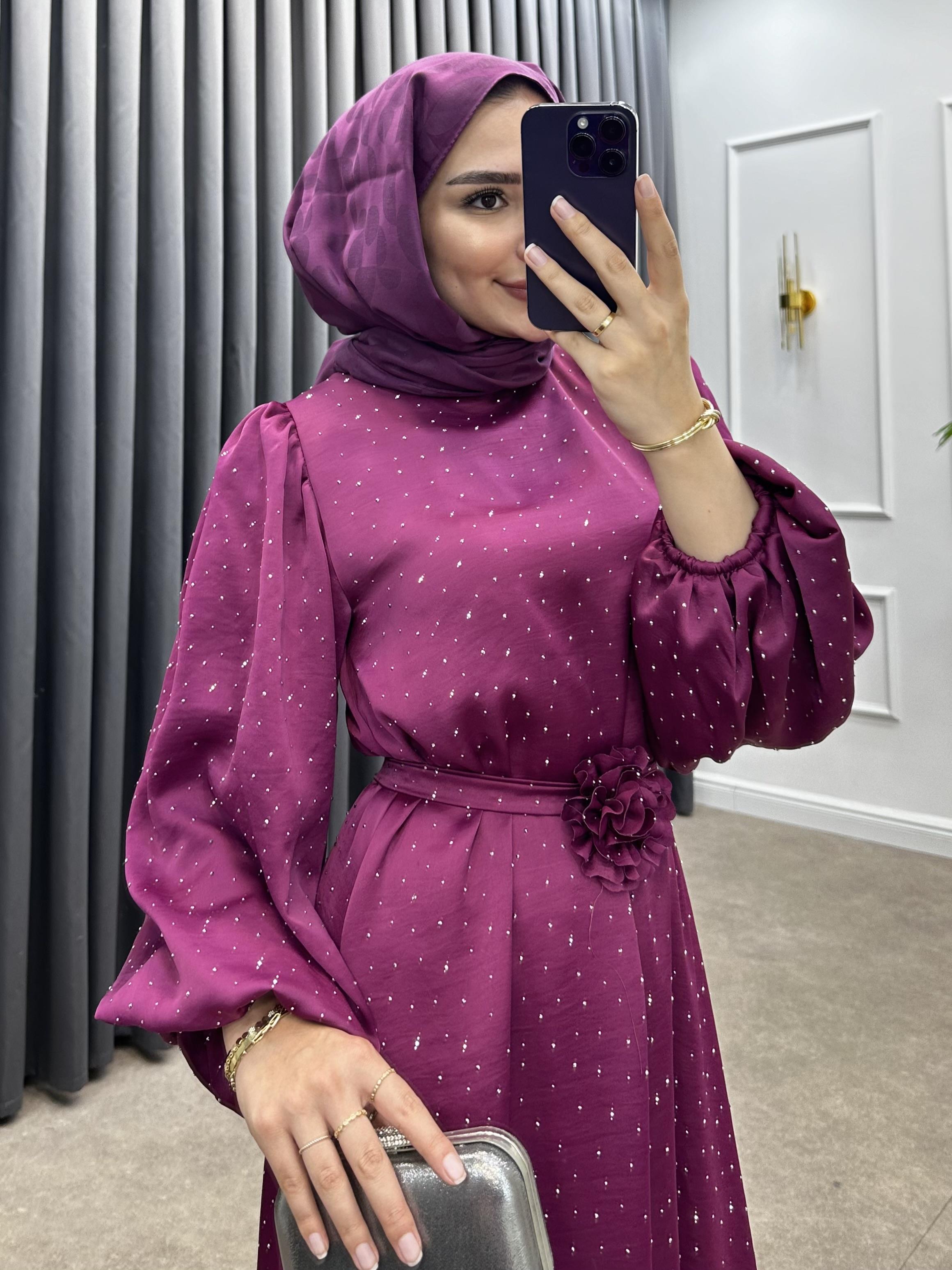 TAŞLI BALON KOL SATEN ELBİSE MOR