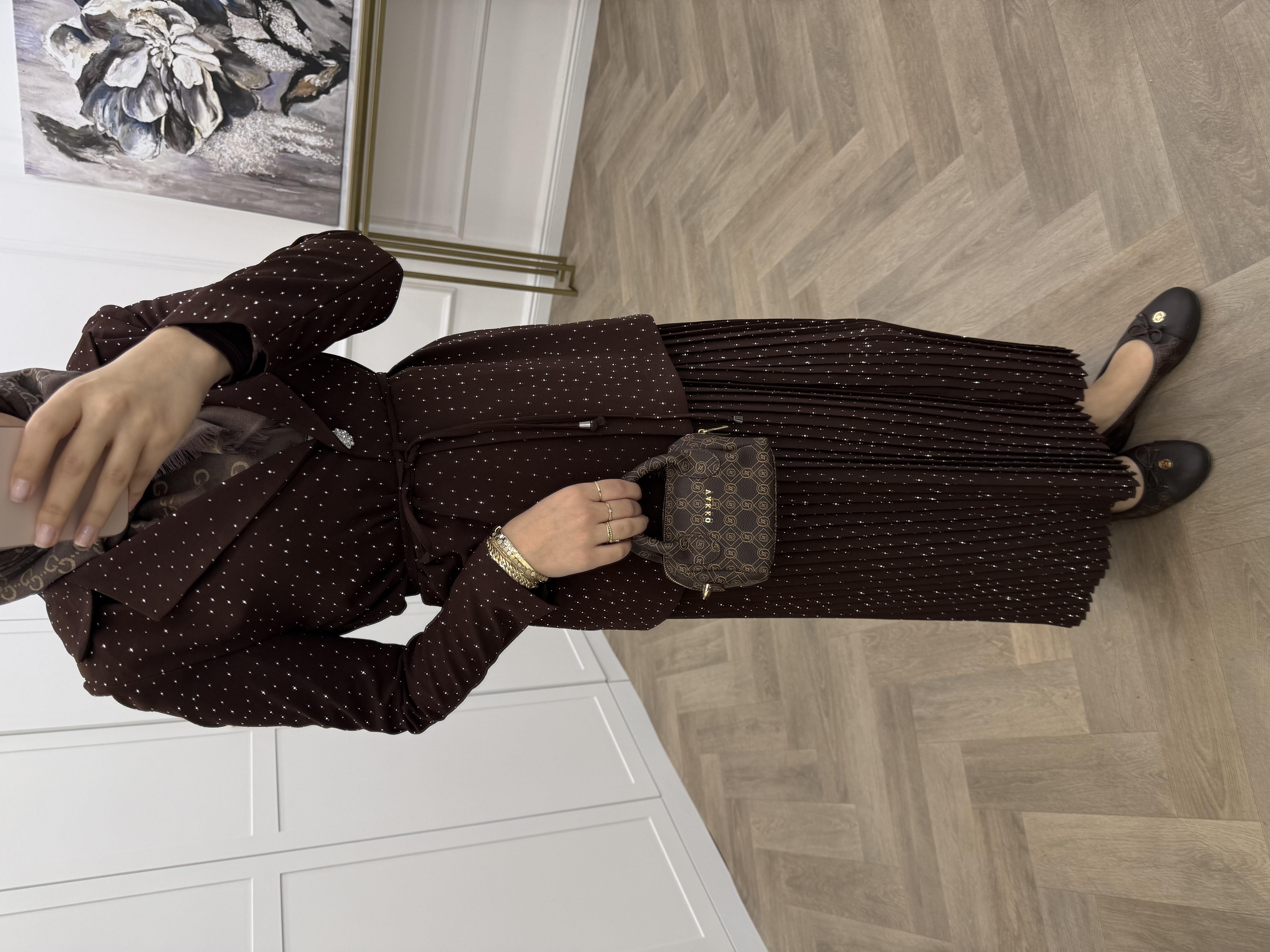 TAŞLI BLAZER CEKETLİ ETEKLİ TAKIM KAHVE
