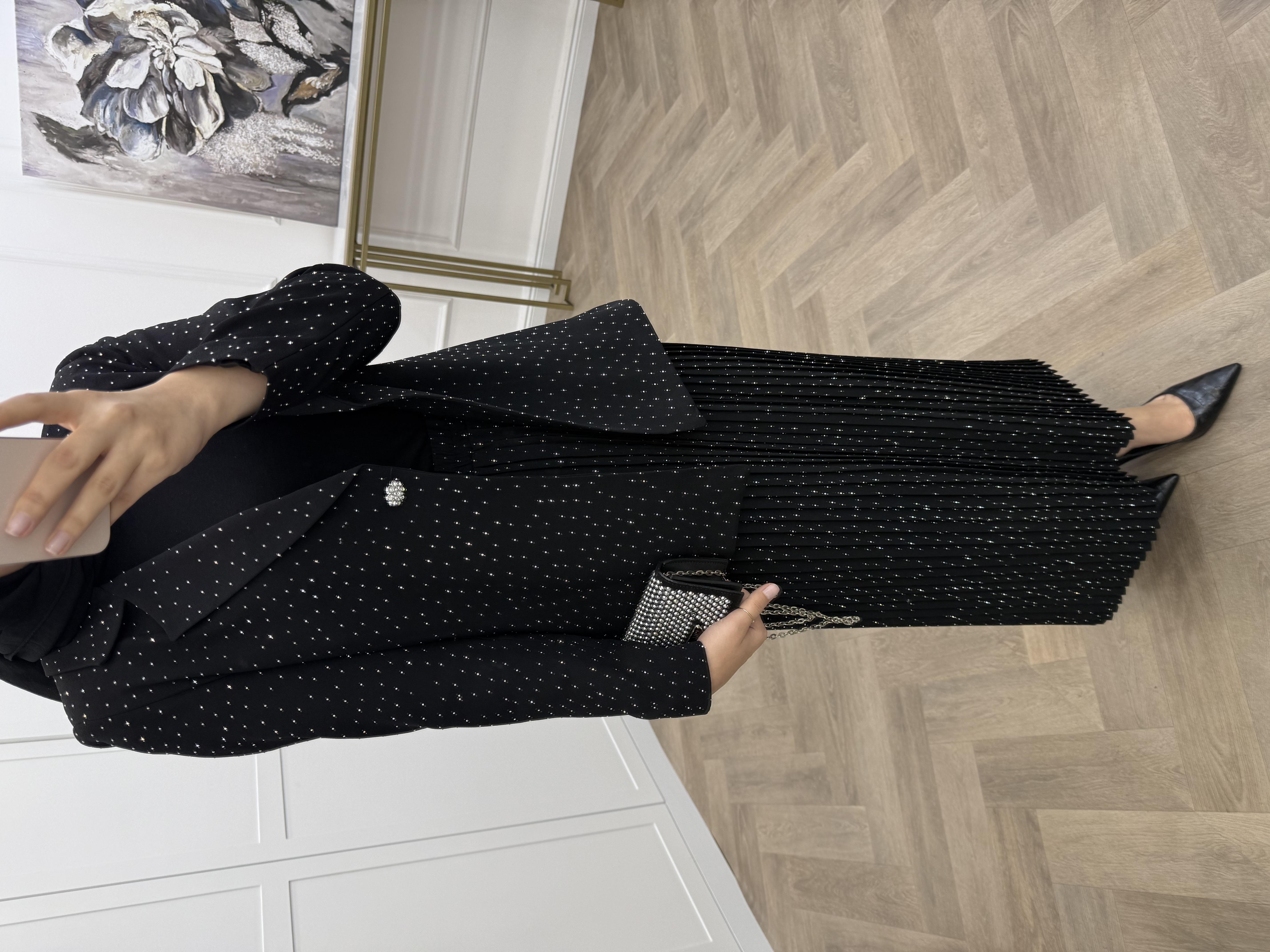TAŞLI BLAZER CEKETLİ ETEKLİ TAKIM SİYAH