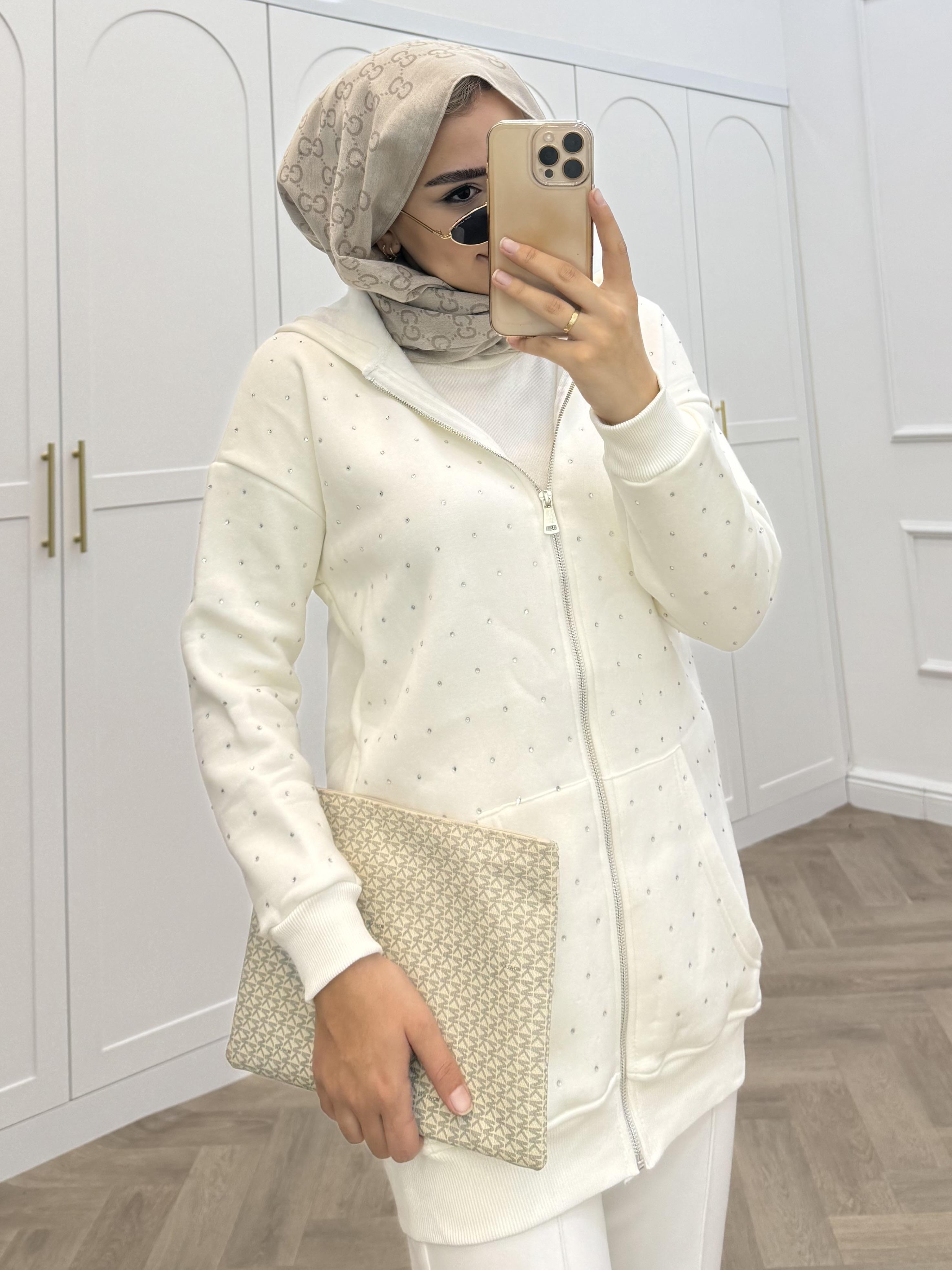 TAŞLI FERMUARLI SWEAT BEYAZ