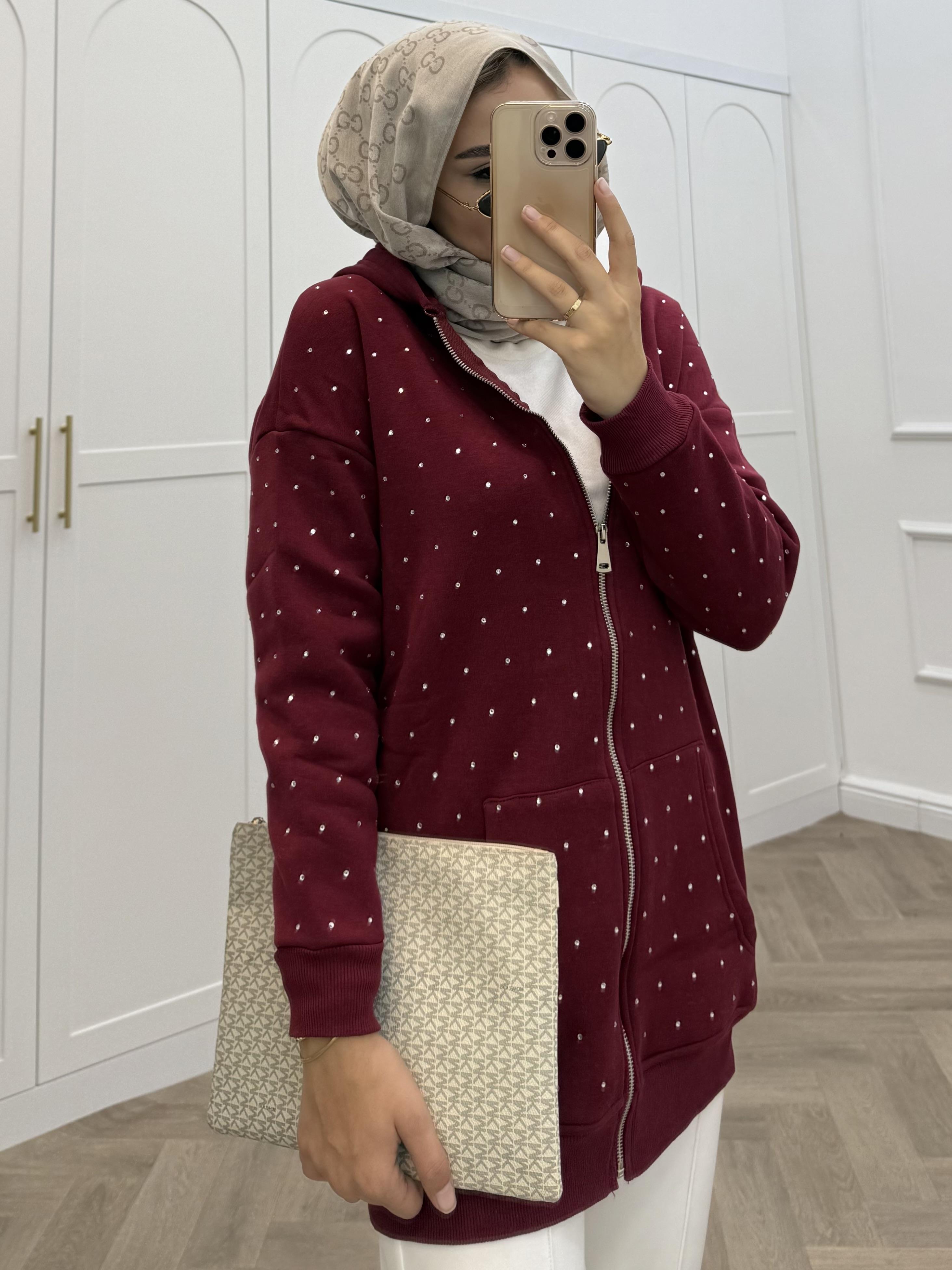 TAŞLI FERMUARLI SWEAT BORDO