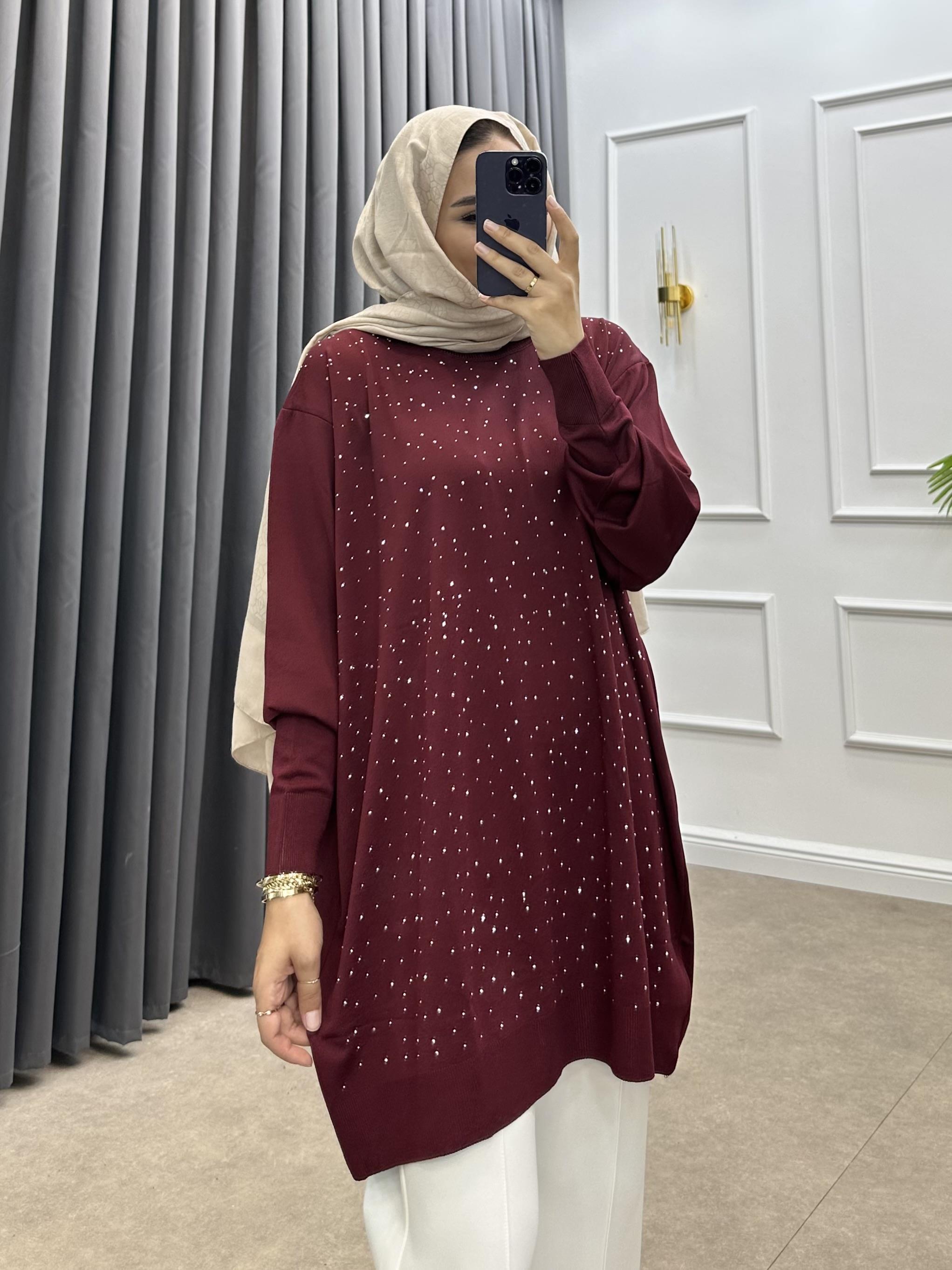 TAŞLI MERSERİZE TUNİK BORDO