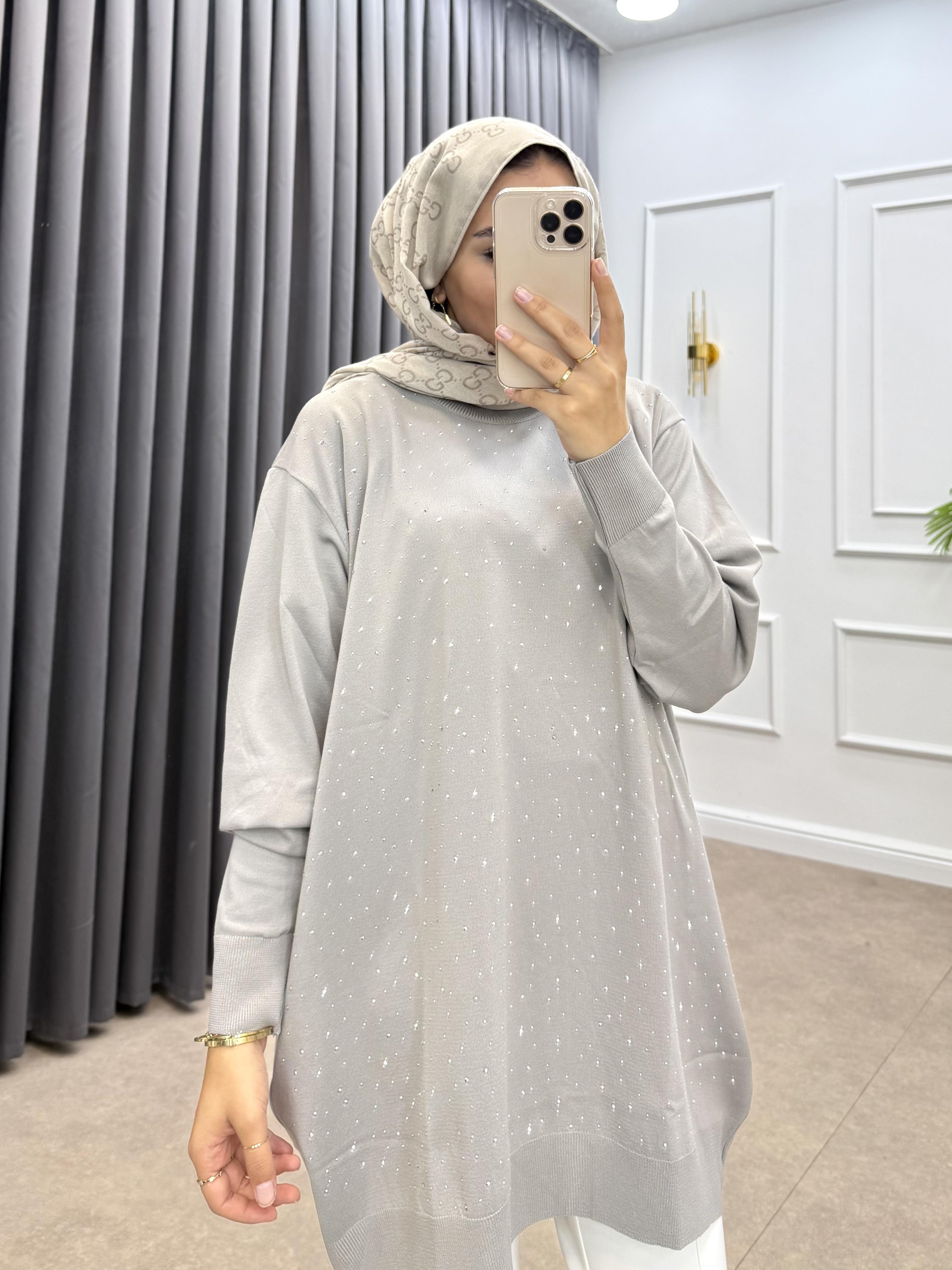 TAŞLI MERSERİZE TUNİK GRİ