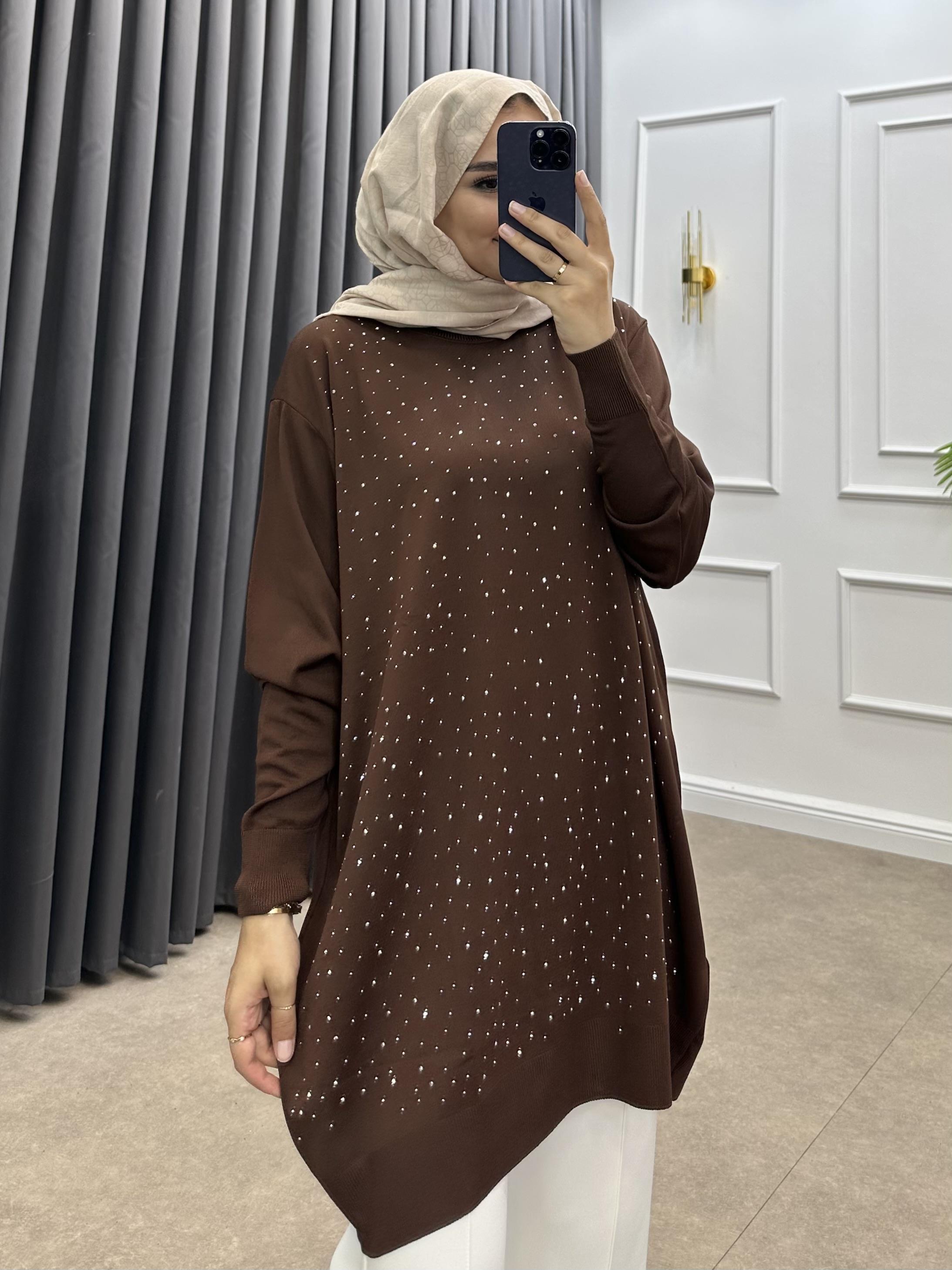 TAŞLI MERSERİZE TUNİK KAHVE