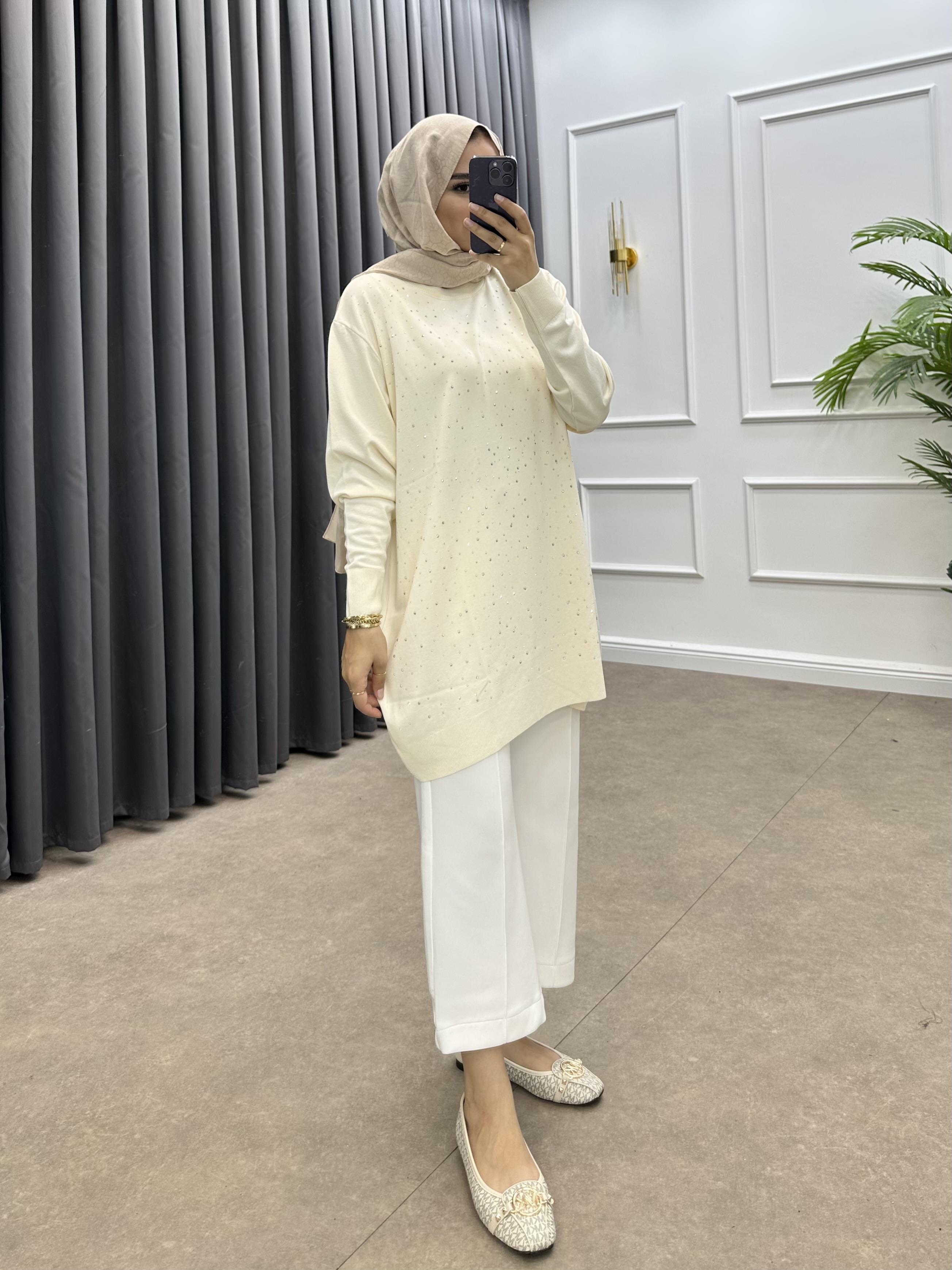 TAŞLI MERSERİZE TUNİK KREM