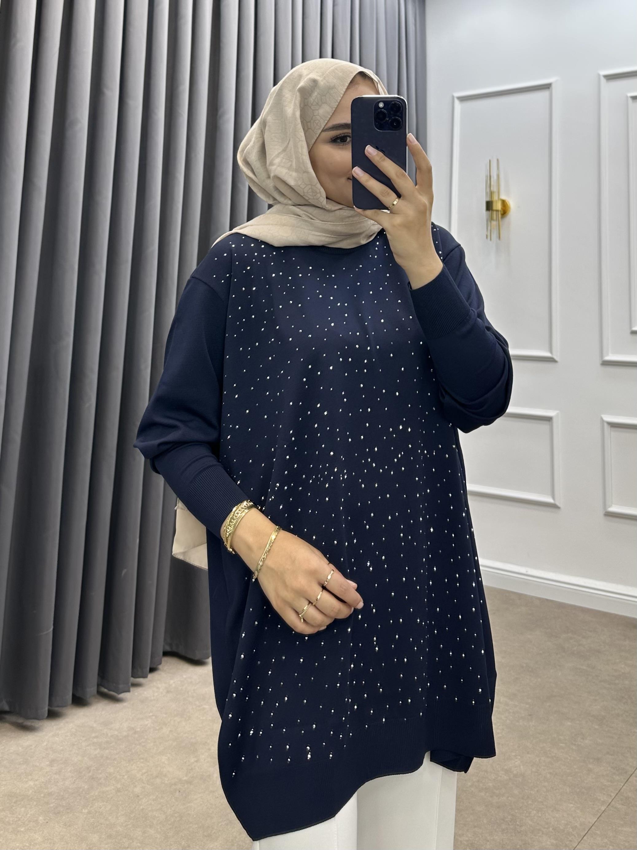 TAŞLI MERSERİZE TUNİK LACİVERT