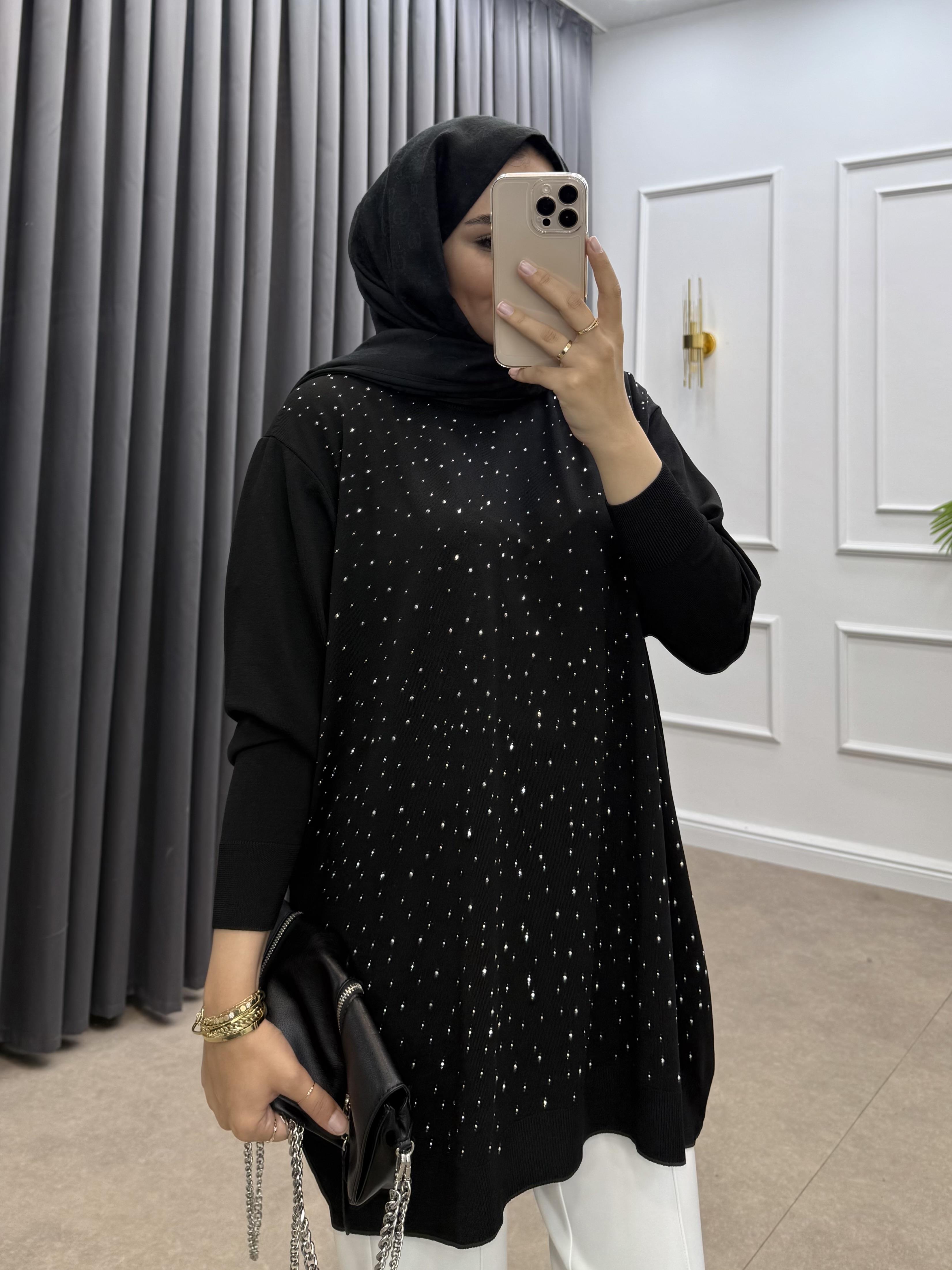 TAŞLI MERSERİZE TUNİK SİYAH